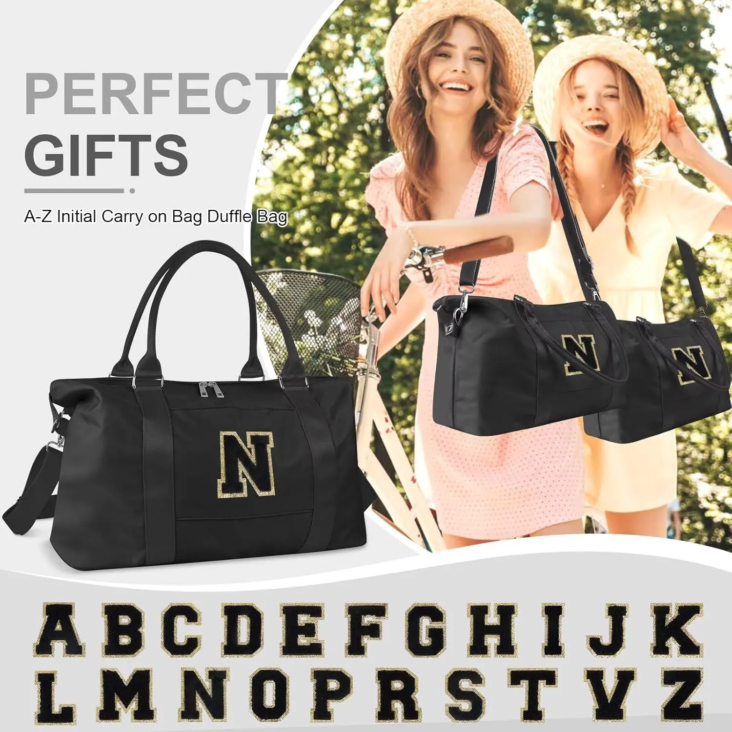 Birthday Gifts for Daughter,Initial Travel Duffel Bag for Teen Girls,Personalized Weekender Bag Cute Overnight Carry on Duffle Bags for Girl Women Gifts with Adjustable Strap(black-N)