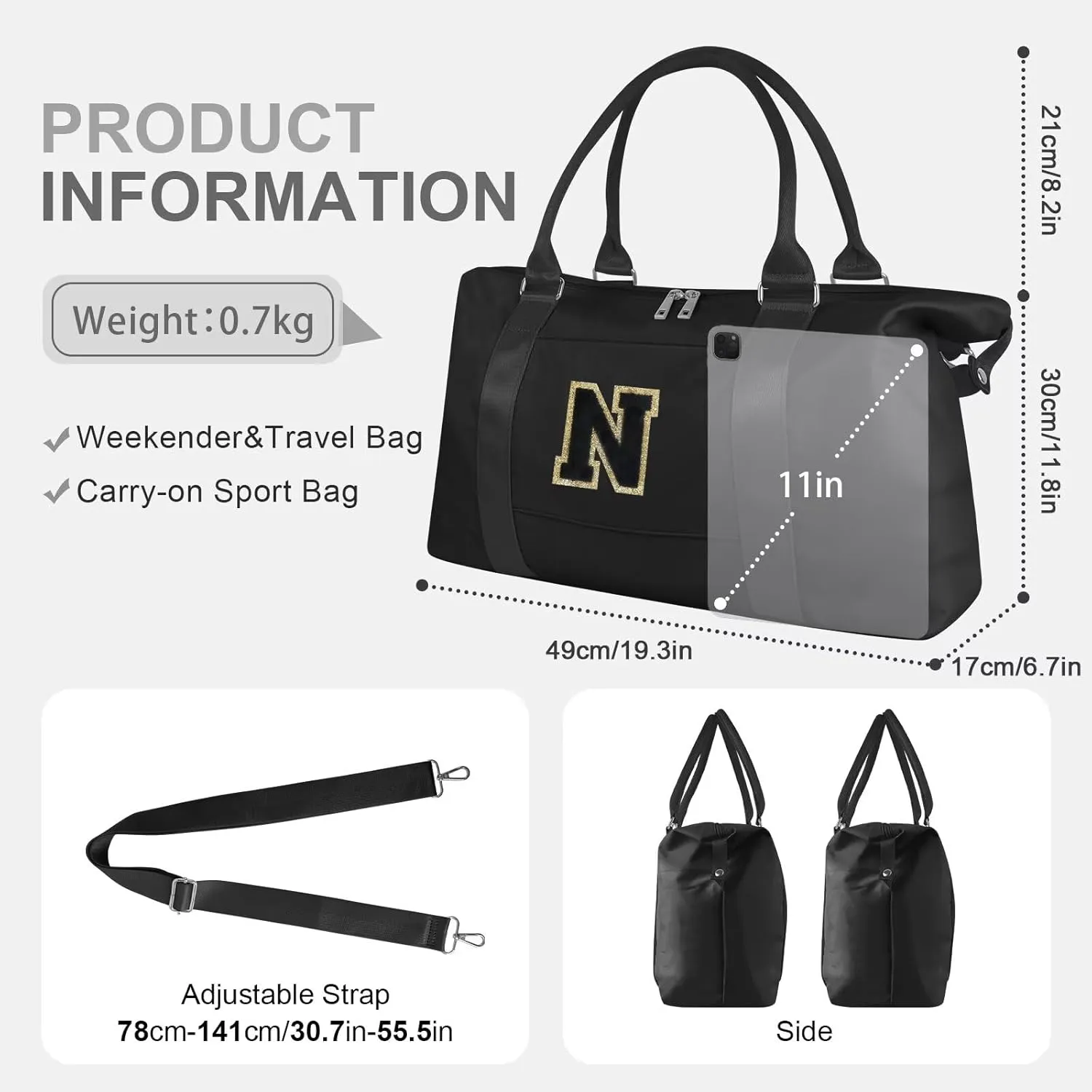Birthday Gifts for Daughter,Initial Travel Duffel Bag for Teen Girls,Personalized Weekender Bag Cute Overnight Carry on Duffle Bags for Girl Women Gifts with Adjustable Strap(black-N)