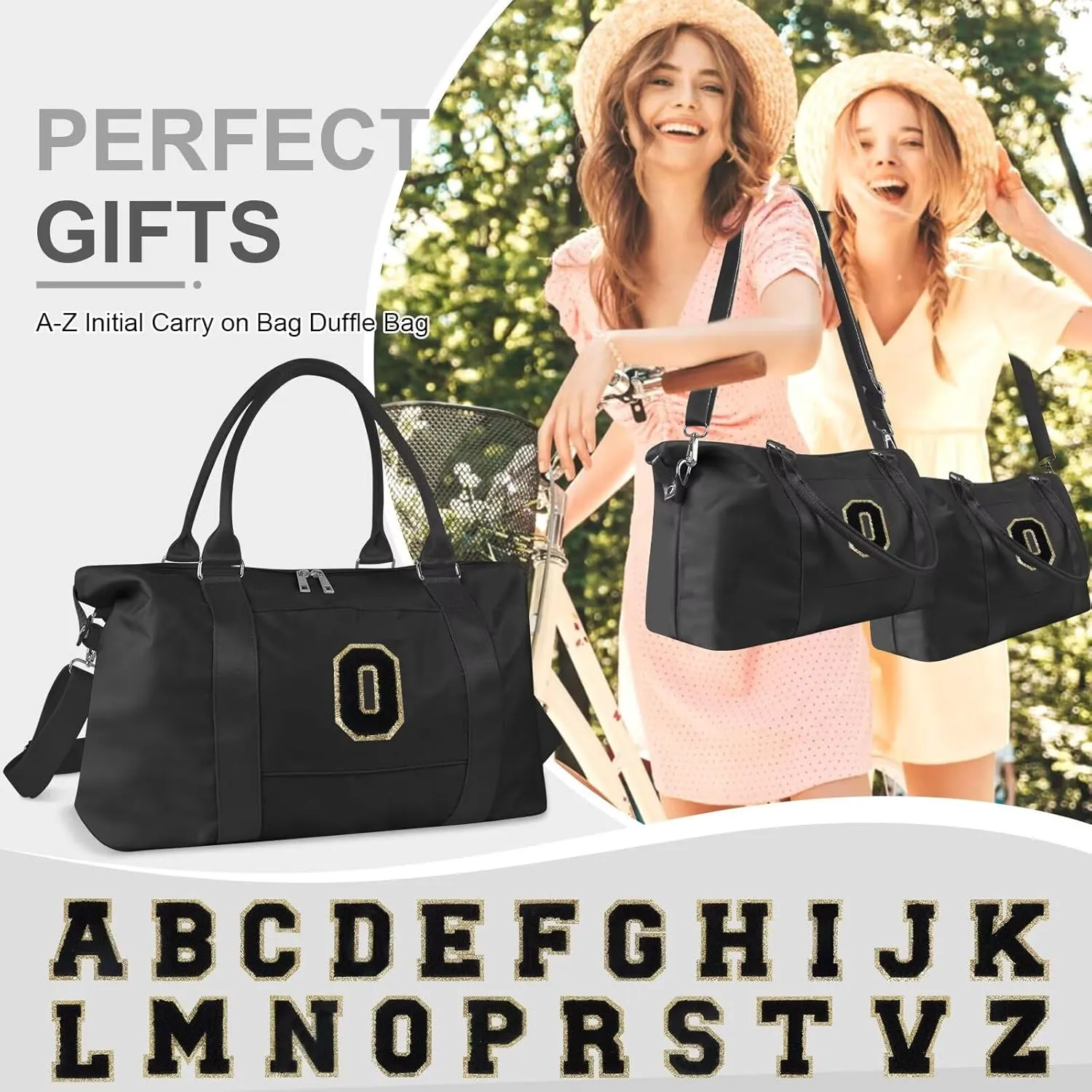 Birthday Gifts for Daughter,Initial Travel Duffel Bag for Teen Girls,Personalized Weekender Bag Cute Overnight Carry on Duffle Bags for Girl Women Gifts with Adjustable Strap(black-O)