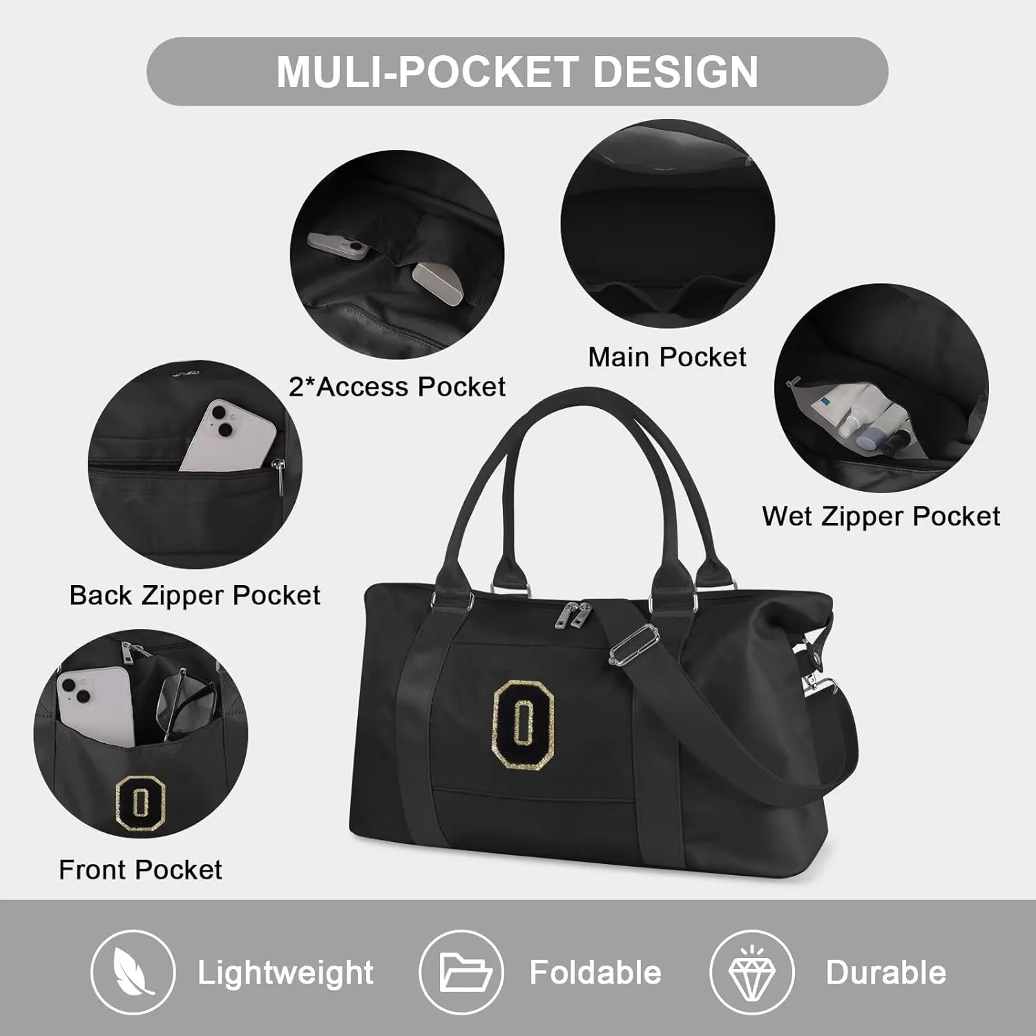 Birthday Gifts for Daughter,Initial Travel Duffel Bag for Teen Girls,Personalized Weekender Bag Cute Overnight Carry on Duffle Bags for Girl Women Gifts with Adjustable Strap(black-O)