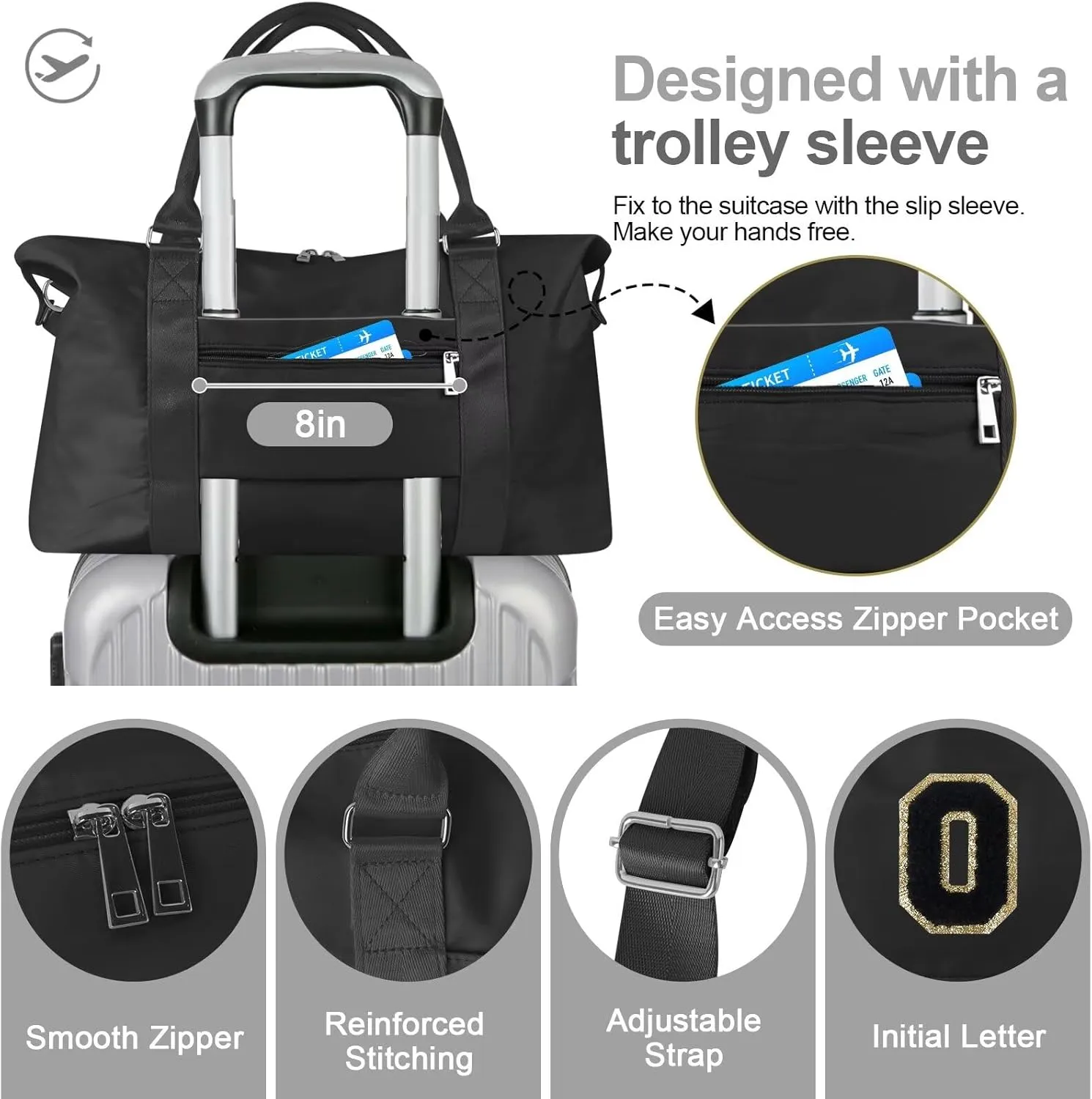 Birthday Gifts for Daughter,Initial Travel Duffel Bag for Teen Girls,Personalized Weekender Bag Cute Overnight Carry on Duffle Bags for Girl Women Gifts with Adjustable Strap(black-O)
