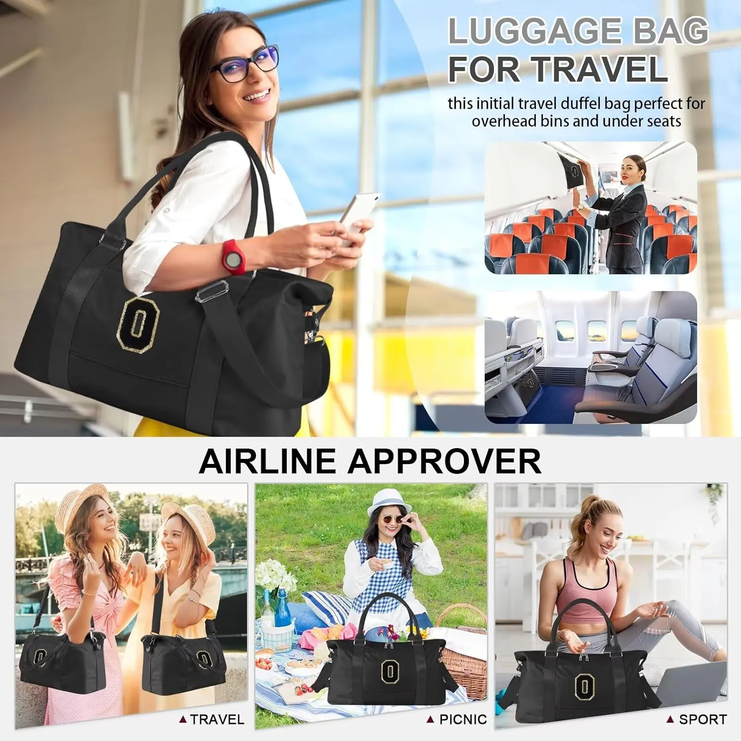 Birthday Gifts for Daughter,Initial Travel Duffel Bag for Teen Girls,Personalized Weekender Bag Cute Overnight Carry on Duffle Bags for Girl Women Gifts with Adjustable Strap(black-O)