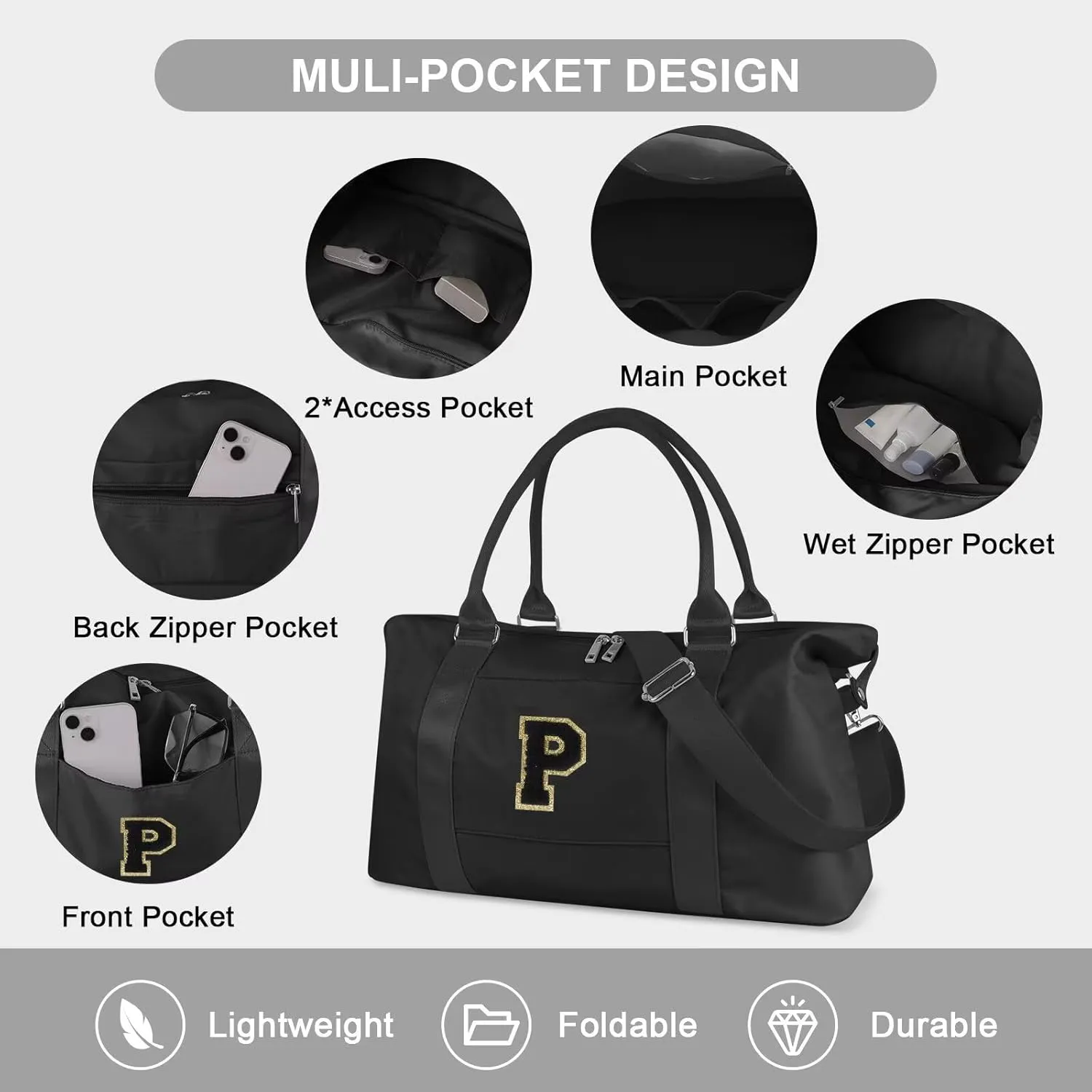Birthday Gifts for Daughter,Initial Travel Duffel Bag for Teen Girls,Personalized Weekender Bag Cute Overnight Carry on Duffle Bags for Girl Women Gifts with Adjustable Strap(black-P)