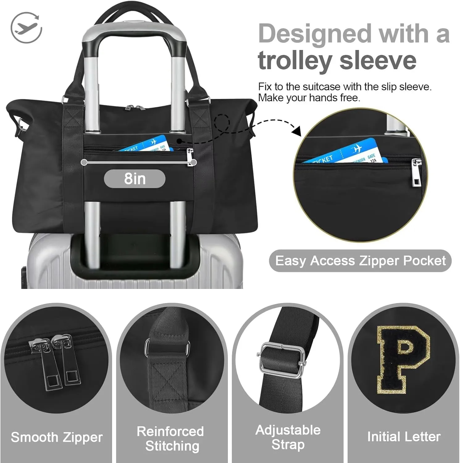 Birthday Gifts for Daughter,Initial Travel Duffel Bag for Teen Girls,Personalized Weekender Bag Cute Overnight Carry on Duffle Bags for Girl Women Gifts with Adjustable Strap(black-P)