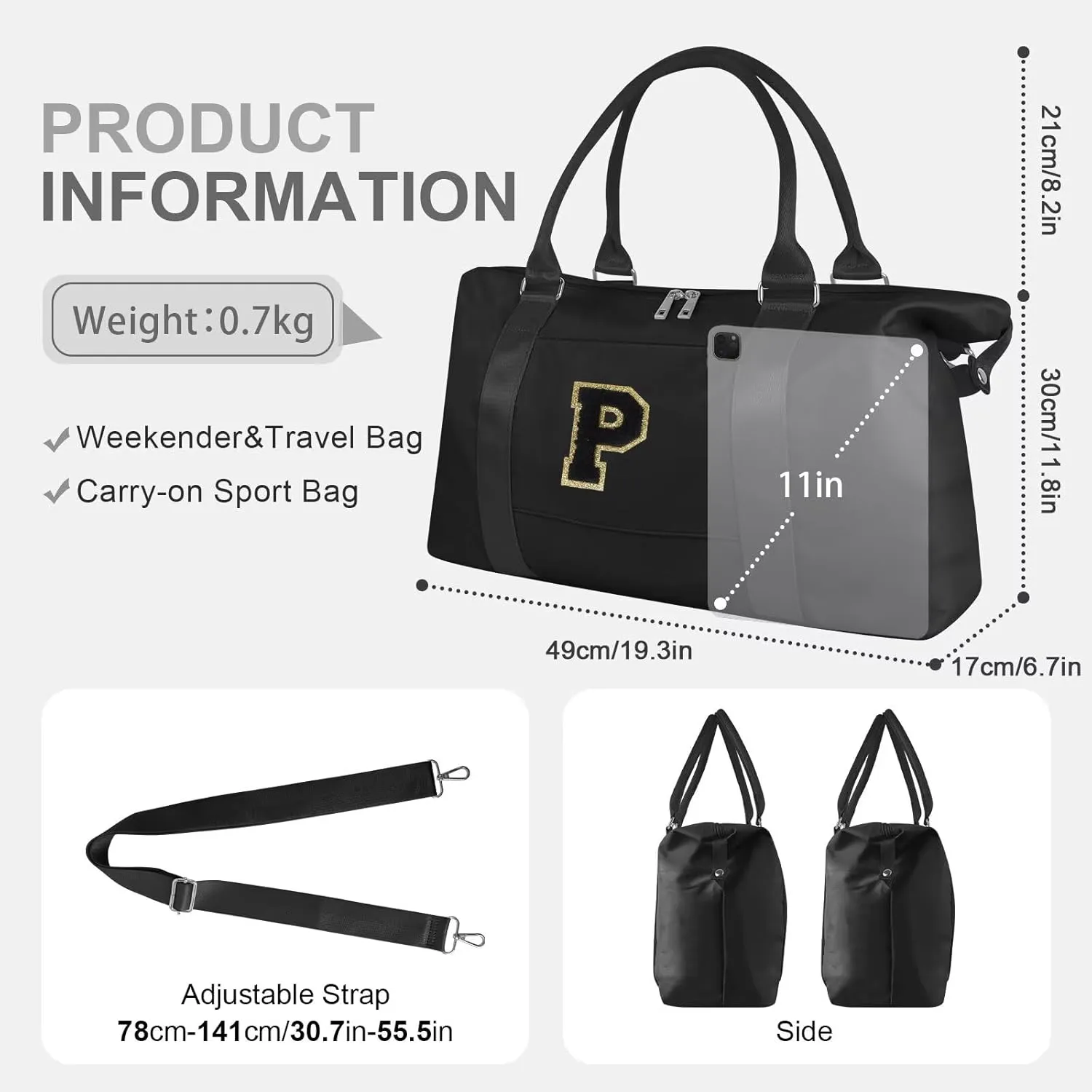 Birthday Gifts for Daughter,Initial Travel Duffel Bag for Teen Girls,Personalized Weekender Bag Cute Overnight Carry on Duffle Bags for Girl Women Gifts with Adjustable Strap(black-P)