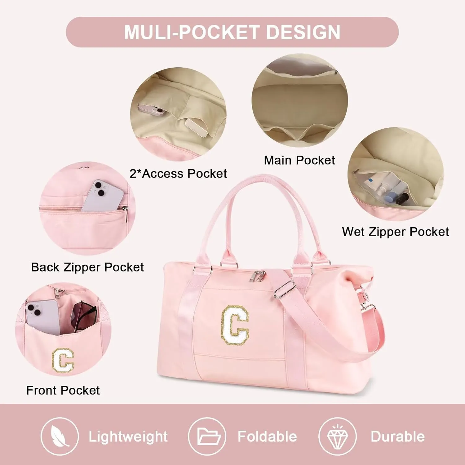 Birthday Gifts for Daughter,Initial Travel Duffel Bag for Teen Girls,Personalized Weekender Bag Cute Overnight Carry on Duffle Bags for Girl Women Gifts with Adjustable Strap(pink-C)