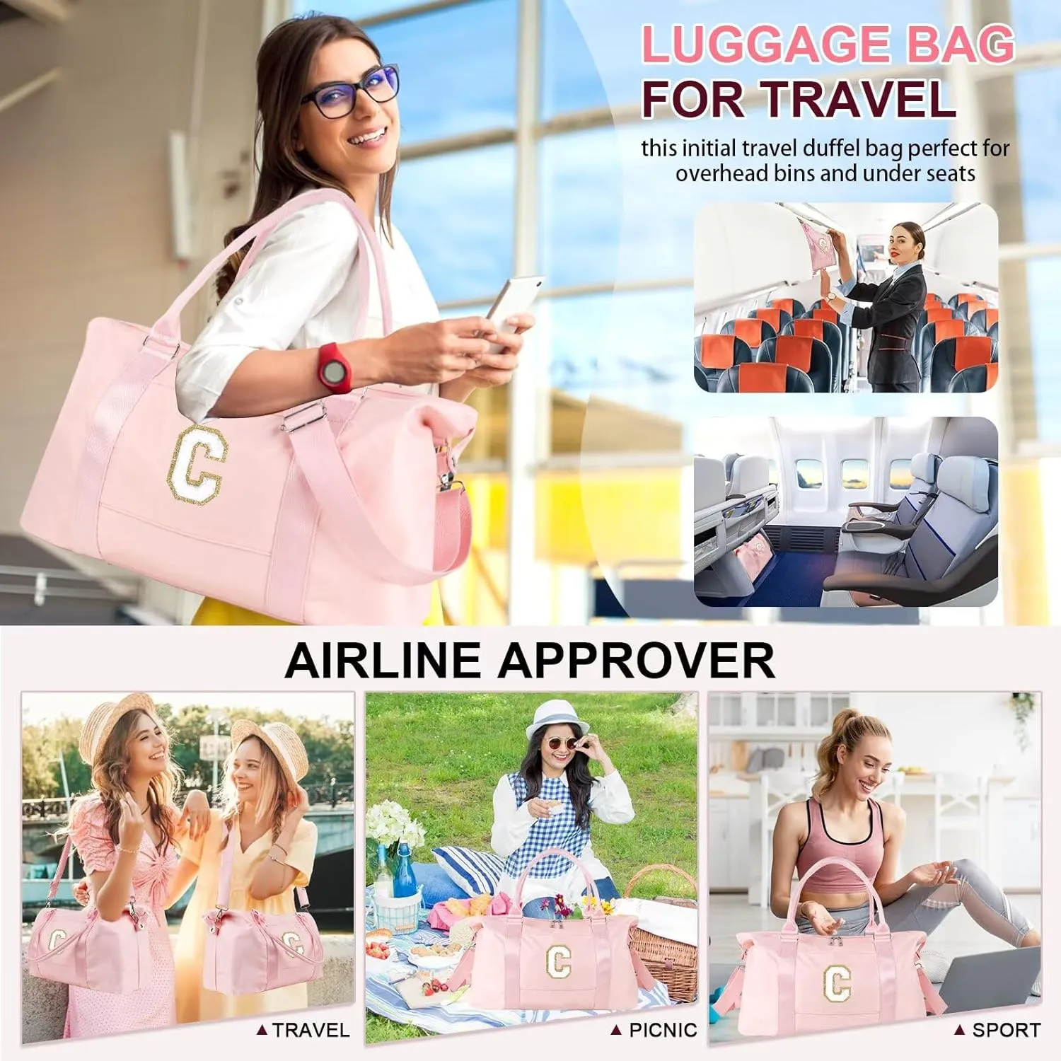 Birthday Gifts for Daughter,Initial Travel Duffel Bag for Teen Girls,Personalized Weekender Bag Cute Overnight Carry on Duffle Bags for Girl Women Gifts with Adjustable Strap(pink-C)