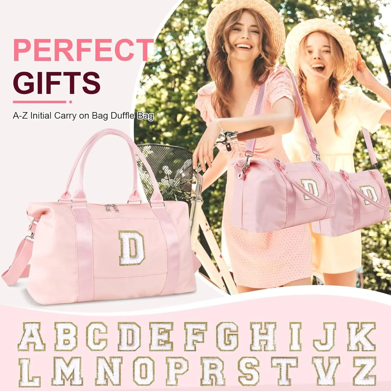 Birthday Gifts for Daughter,Initial Travel Duffel Bag for Teen Girls,Personalized Weekender Bag Cute Overnight Carry on Duffle Bags for Girl Women Gifts with Adjustable Strap(pink-D)