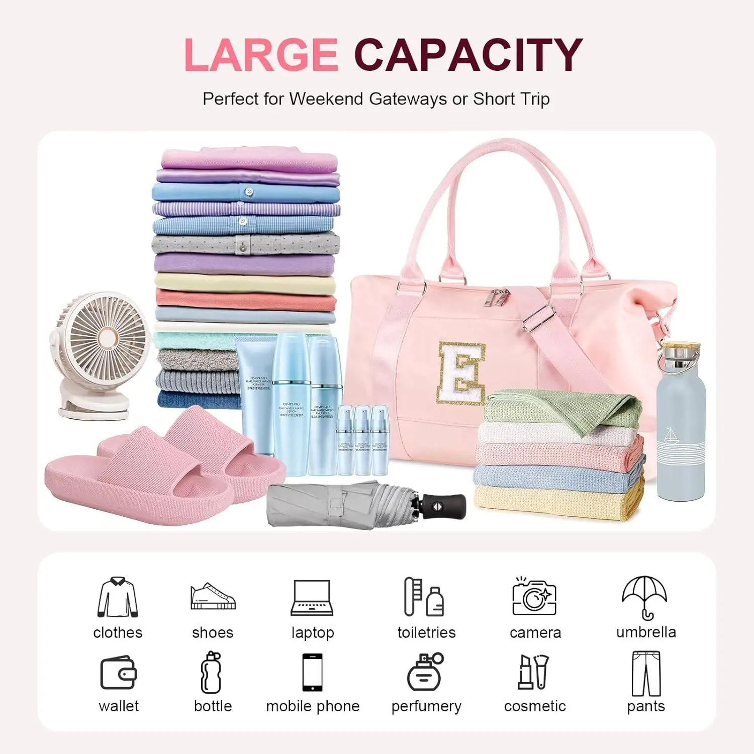 Birthday Gifts for Daughter,Initial Travel Duffel Bag for Teen Girls,Personalized Weekender Bag Cute Overnight Carry on Duffle Bags for Girl Women Gifts with Adjustable Strap(pink-E)