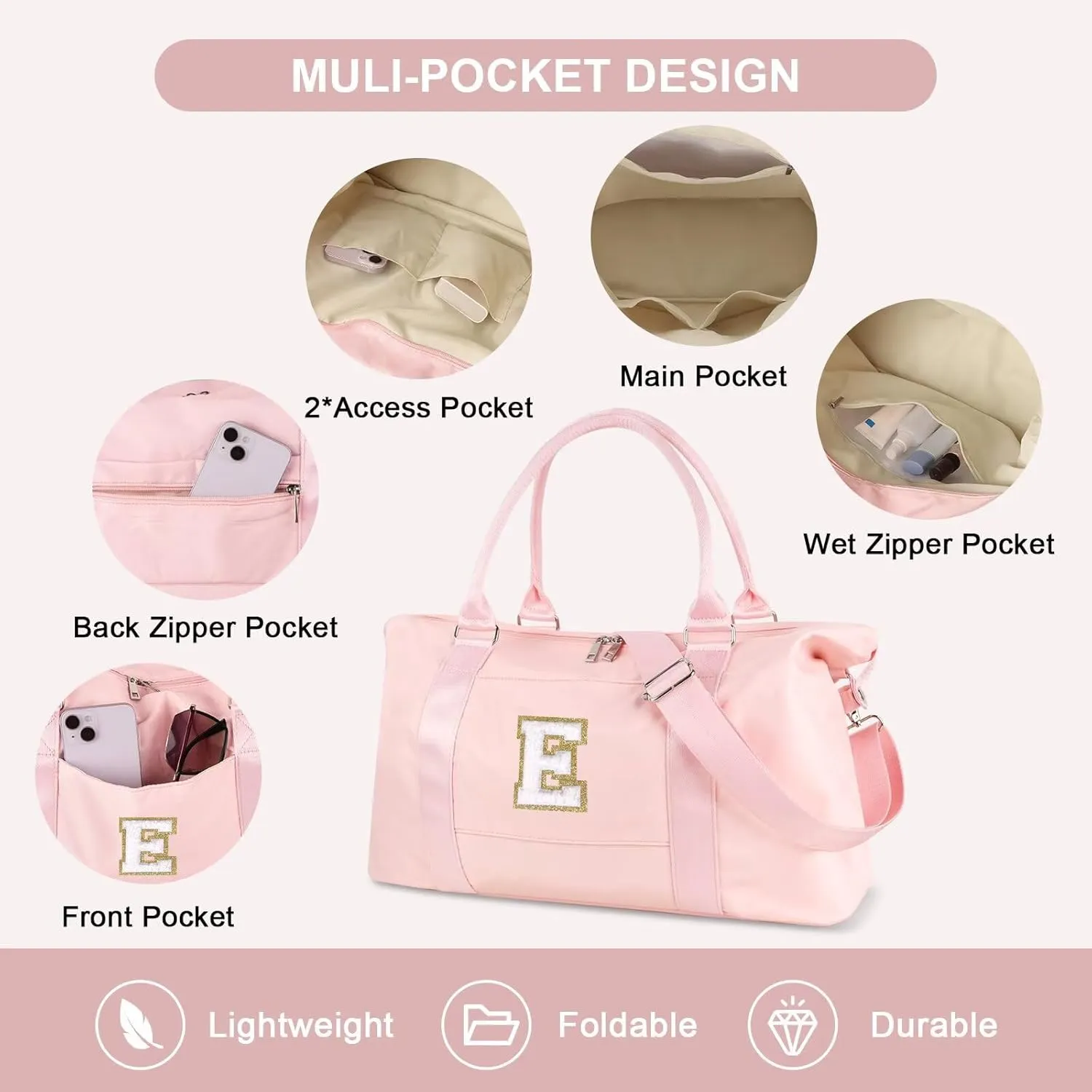Birthday Gifts for Daughter,Initial Travel Duffel Bag for Teen Girls,Personalized Weekender Bag Cute Overnight Carry on Duffle Bags for Girl Women Gifts with Adjustable Strap(pink-E)