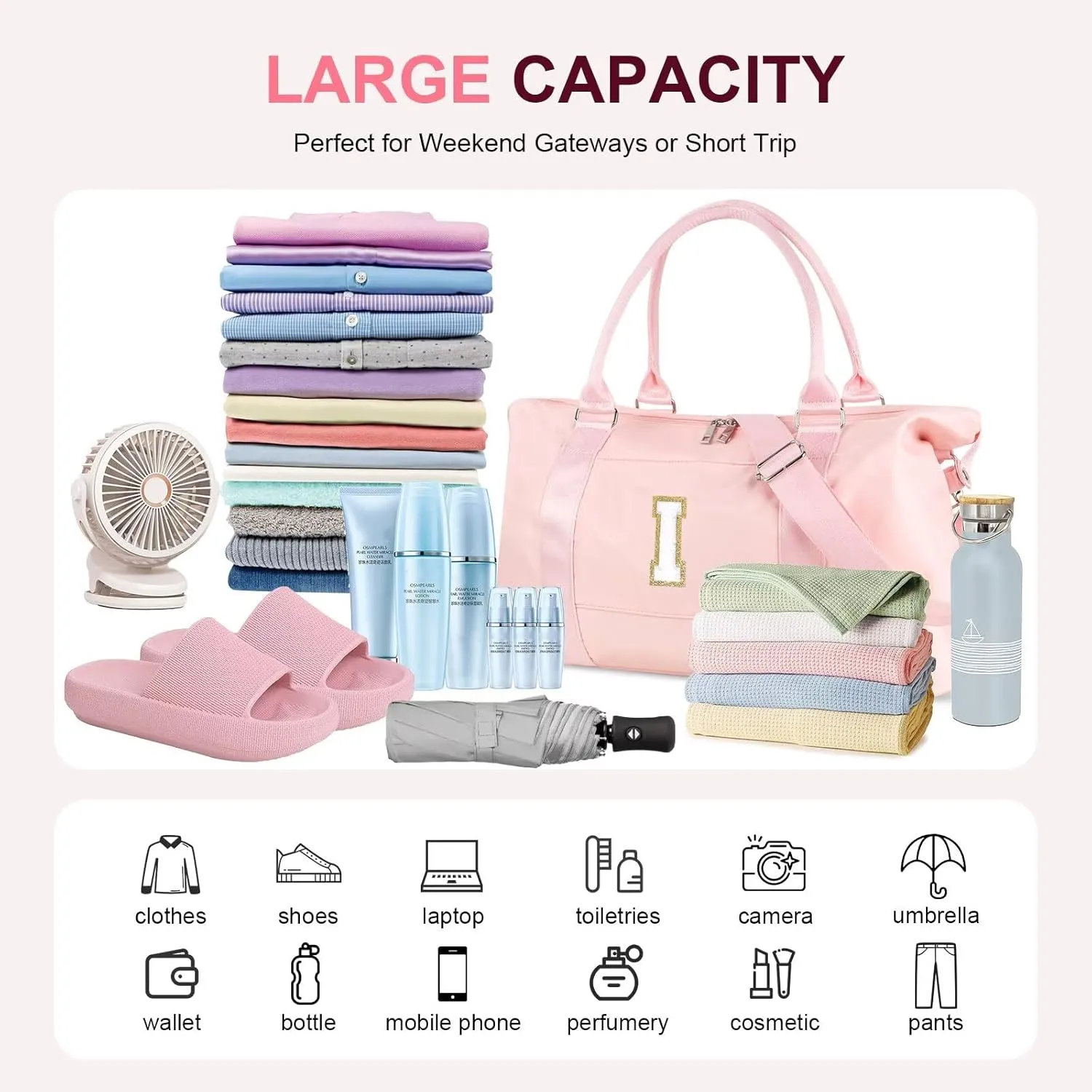 Birthday Gifts for Daughter,Initial Travel Duffel Bag for Teen Girls,Personalized Weekender Bag Cute Overnight Carry on Duffle Bags for Girl Women Gifts with Adjustable Strap(pink-I)