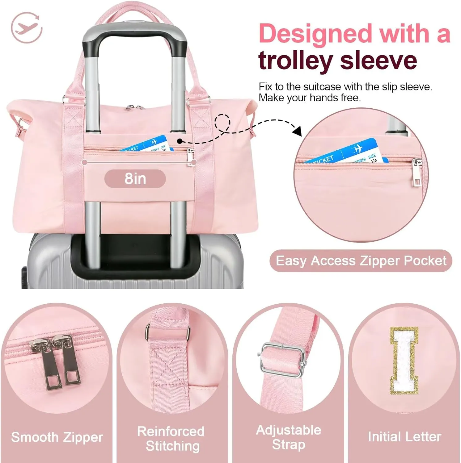Birthday Gifts for Daughter,Initial Travel Duffel Bag for Teen Girls,Personalized Weekender Bag Cute Overnight Carry on Duffle Bags for Girl Women Gifts with Adjustable Strap(pink-I)