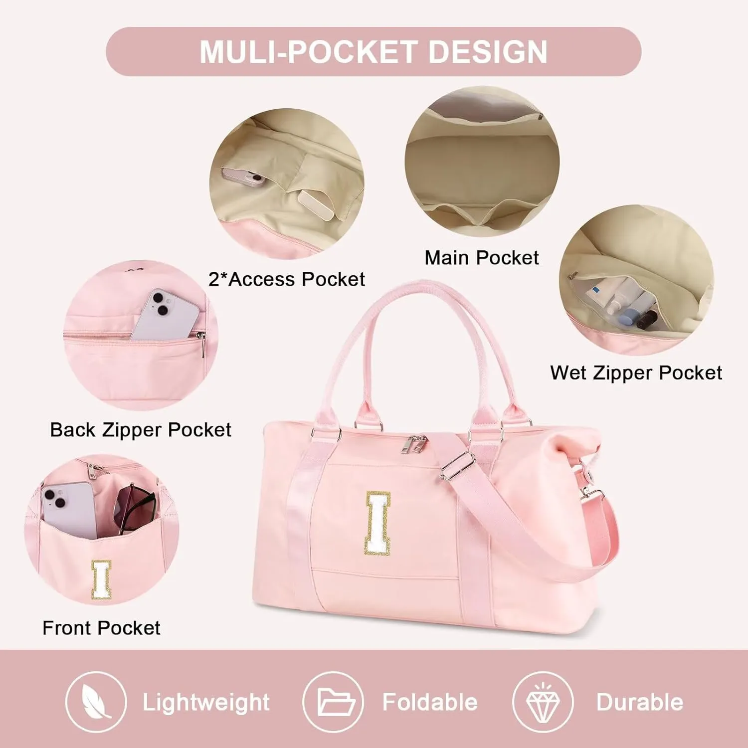 Birthday Gifts for Daughter,Initial Travel Duffel Bag for Teen Girls,Personalized Weekender Bag Cute Overnight Carry on Duffle Bags for Girl Women Gifts with Adjustable Strap(pink-I)