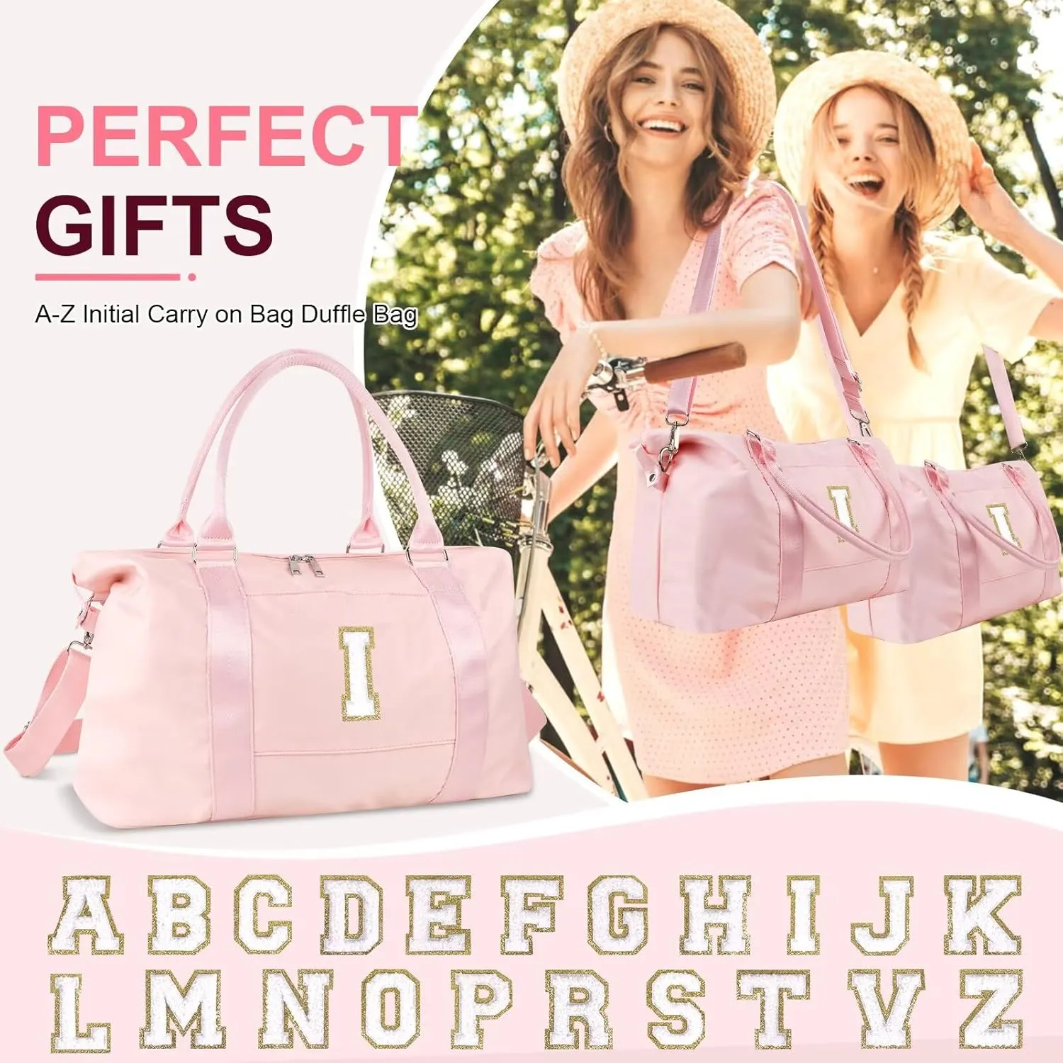 Birthday Gifts for Daughter,Initial Travel Duffel Bag for Teen Girls,Personalized Weekender Bag Cute Overnight Carry on Duffle Bags for Girl Women Gifts with Adjustable Strap(pink-I)