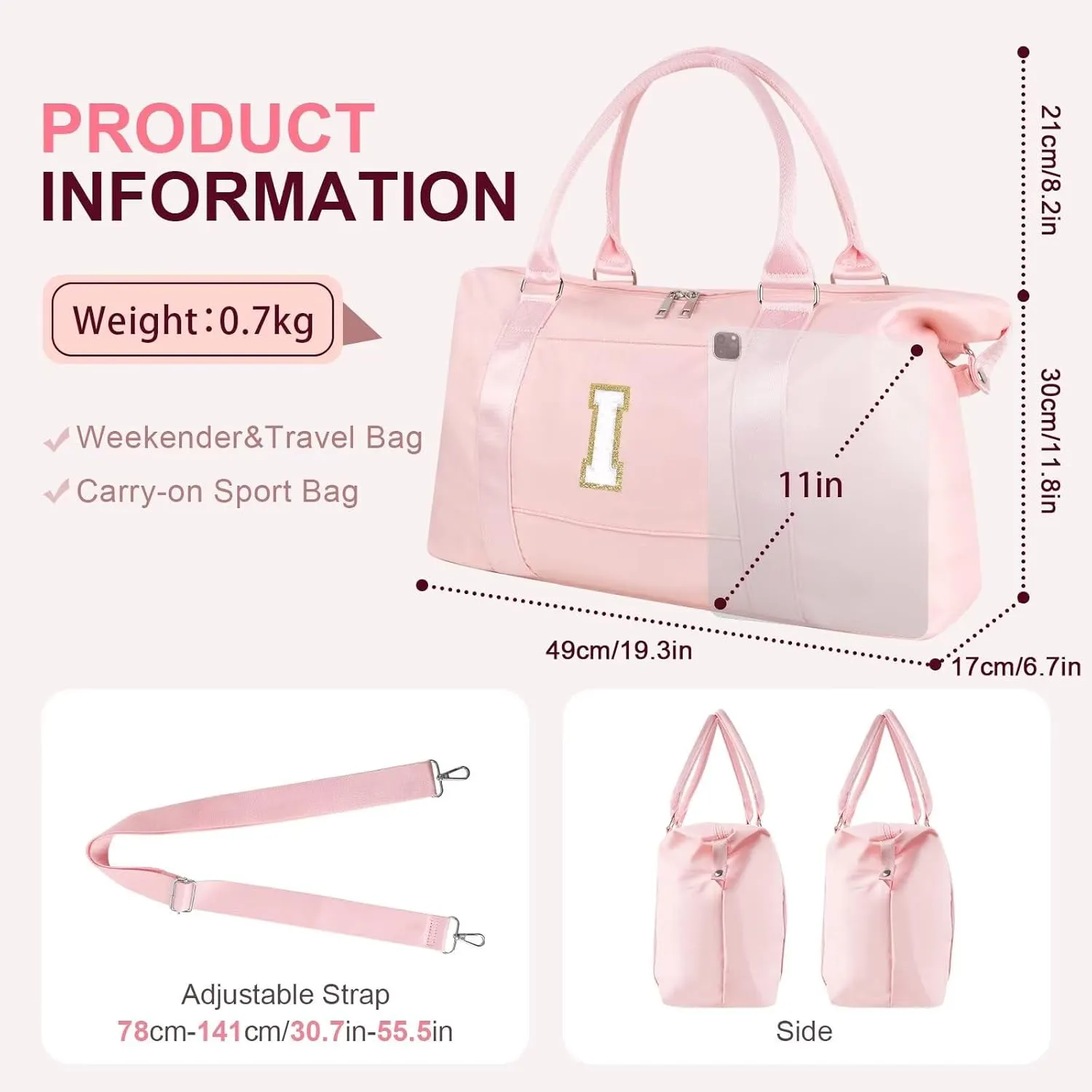 Birthday Gifts for Daughter,Initial Travel Duffel Bag for Teen Girls,Personalized Weekender Bag Cute Overnight Carry on Duffle Bags for Girl Women Gifts with Adjustable Strap(pink-I)
