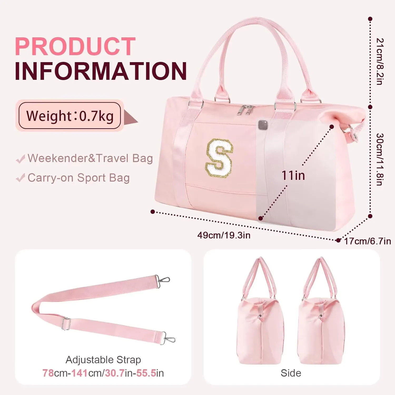 Birthday Gifts for Daughter,Initial Travel Duffel Bag for Teen Girls,Personalized Weekender Bag Cute Overnight Carry on Duffle Bags for Girl Women Gifts with Adjustable Strap(pink-S)