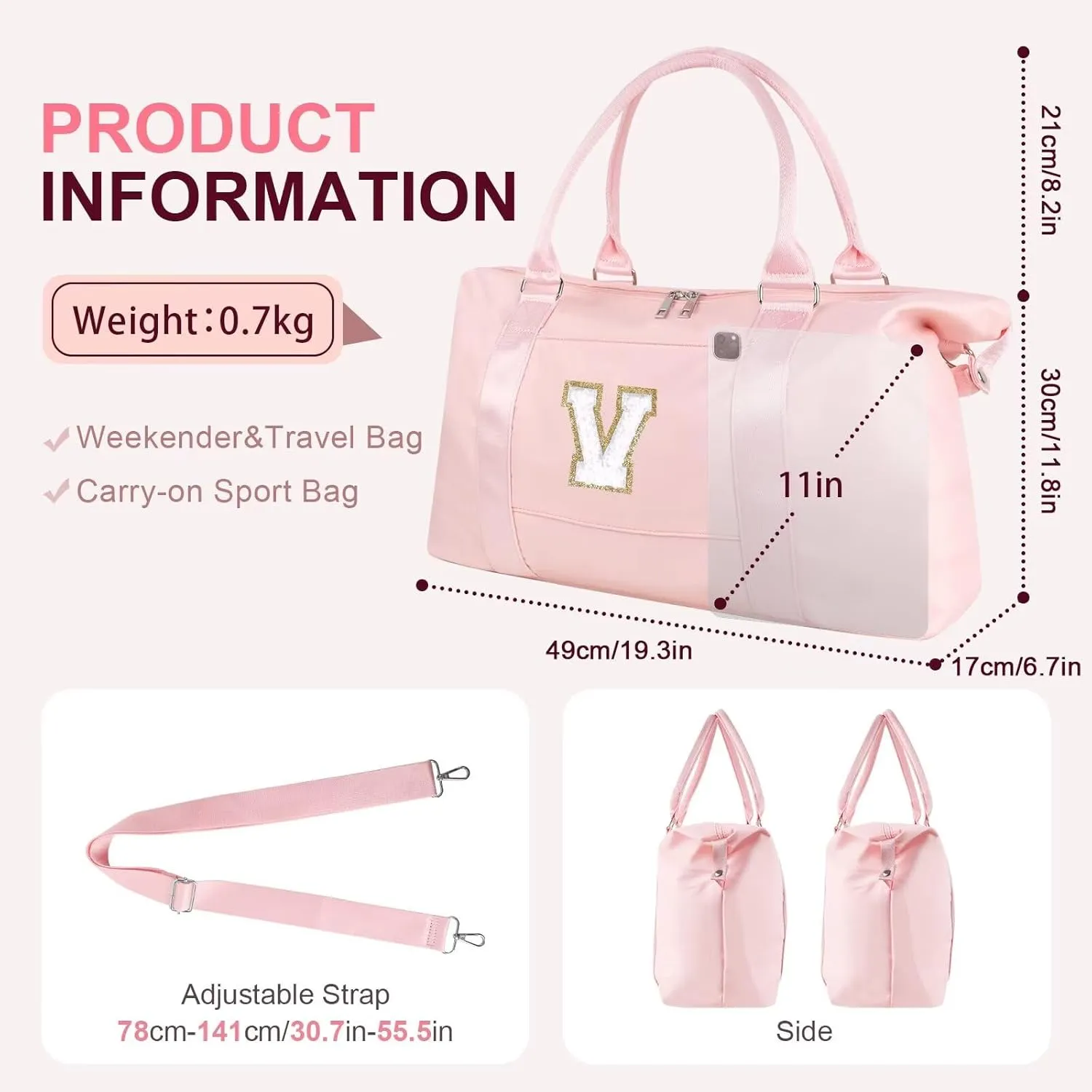 Birthday Gifts for Daughter,Initial Travel Duffel Bag for Teen Girls,Personalized Weekender Bag Cute Overnight Carry on Duffle Bags for Girl Women Gifts with Adjustable Strap(pink-V)