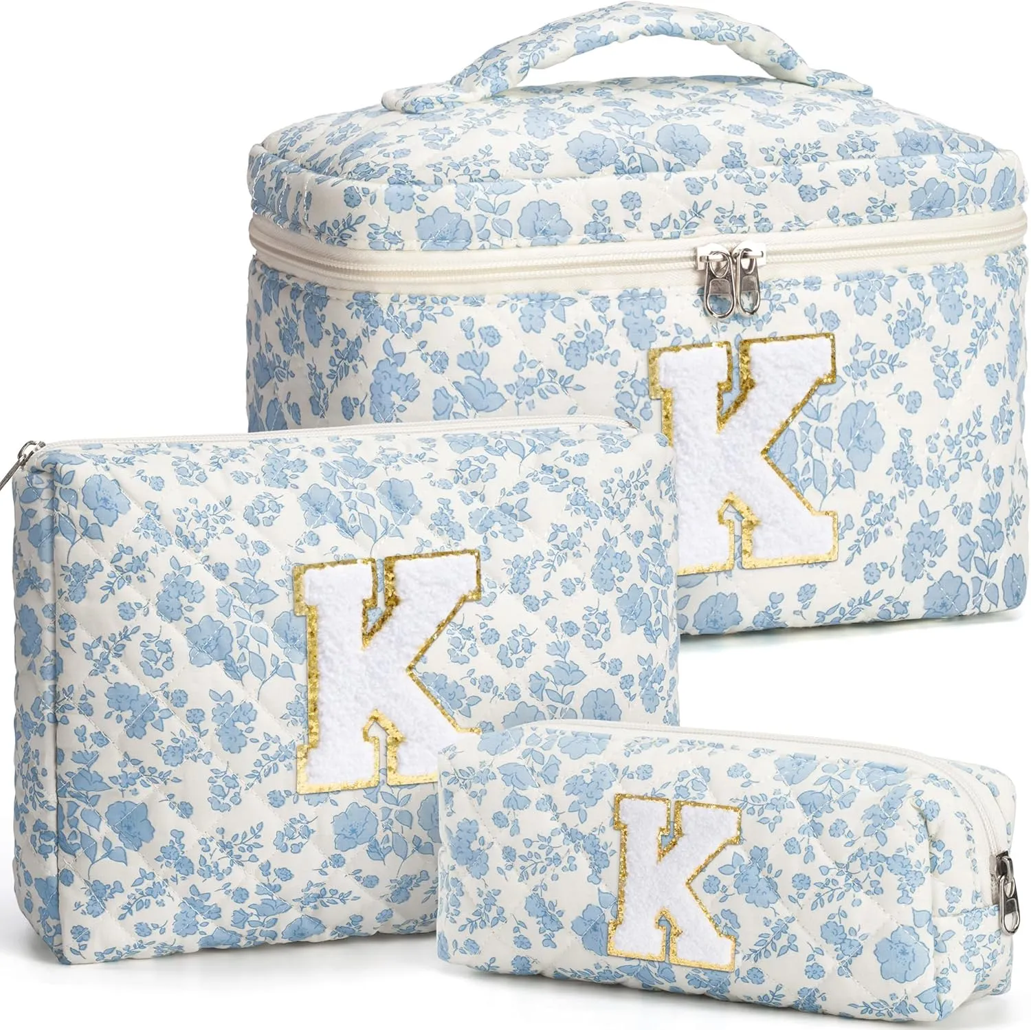 Birthday Gifts for Teen Girls Women, Personalized Initial Makeup Bag Quilted Cosmetic Bag Floral Make Up Bag Travel Toiletry Bag Teen Girl Gifts Trendy Stuff Mothers Day Gifts for Mom Daughter Friends