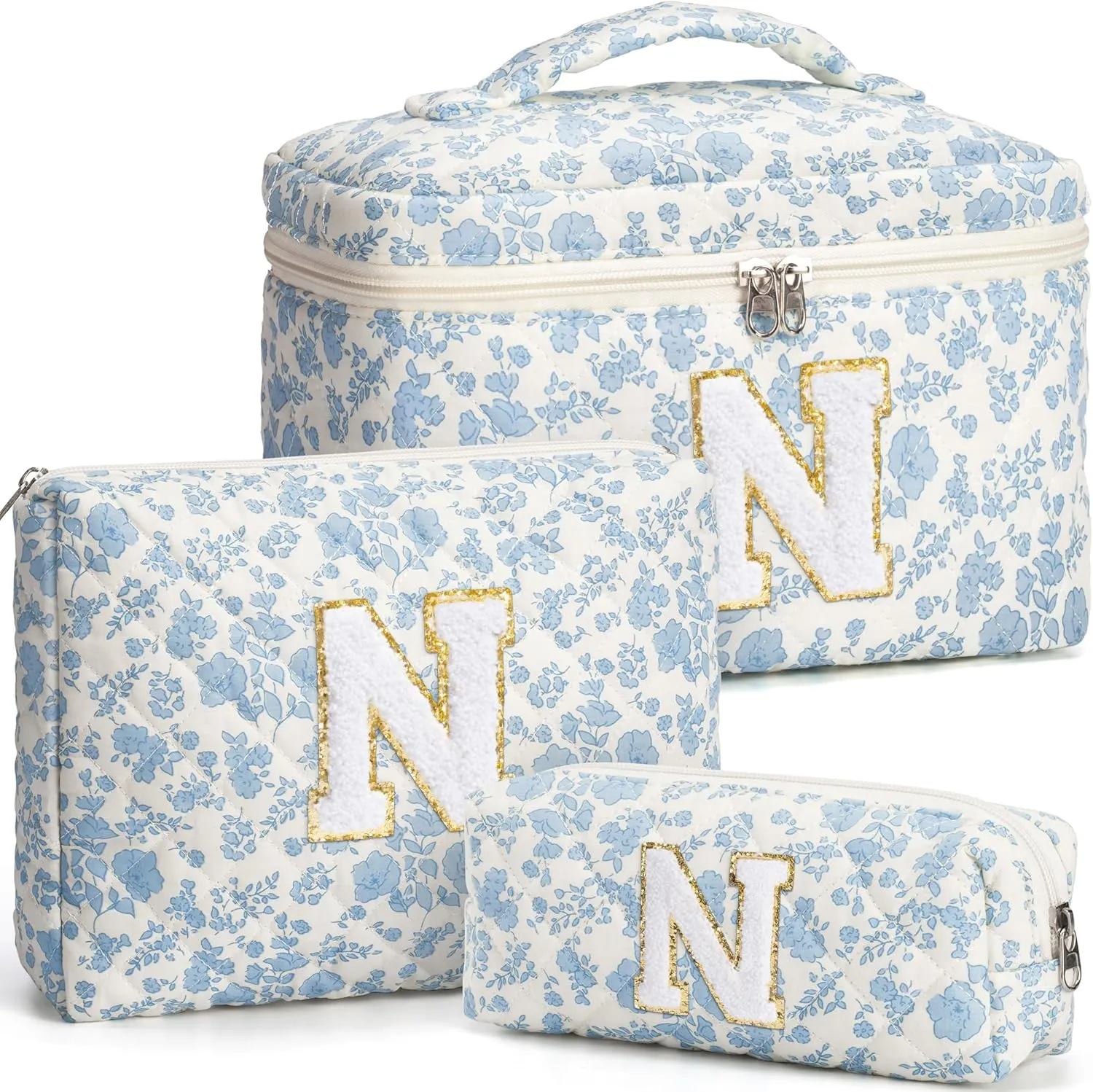 Birthday Gifts for Teen Girls Women, Personalized Initial Makeup Bag Quilted Cosmetic Bag Floral Make Up Bag Travel Toiletry Bag Teen Girl Gifts Trendy Stuff Mothers Day Gifts for Mom Daughter Friends