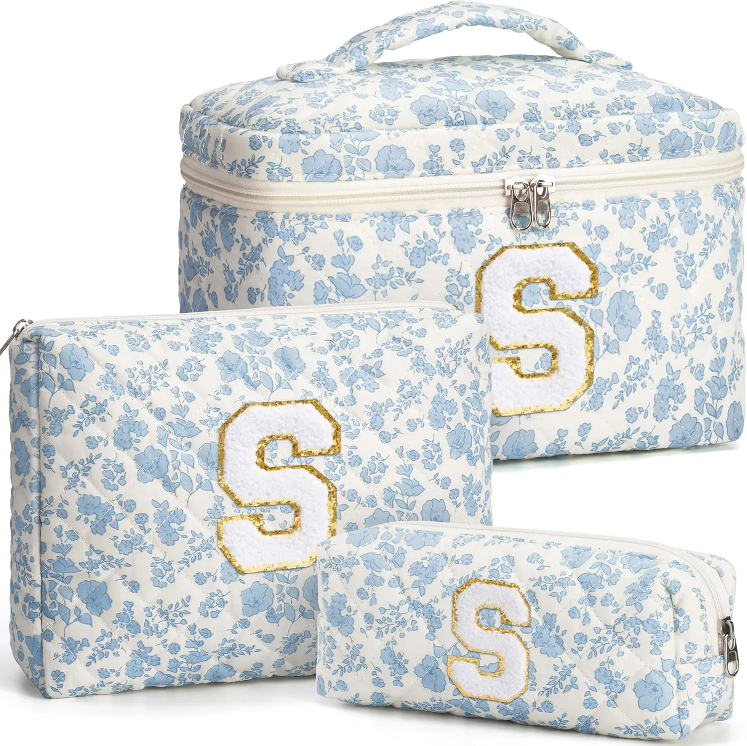 Birthday Gifts for Teen Girls Women, Personalized Initial Makeup Bag Quilted Cosmetic Bag Floral Make Up Bag Travel Toiletry Bag Teen Girl Gifts Trendy Stuff Mothers Day Gifts for Mom Daughter Friends