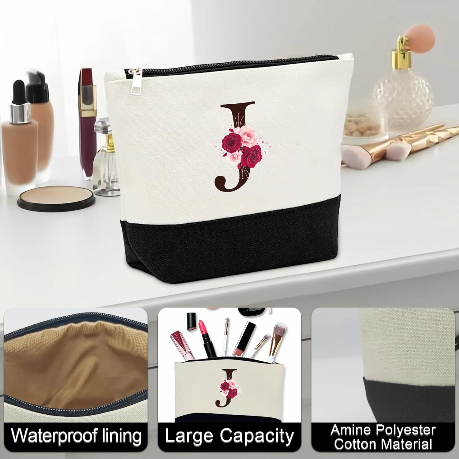 Birthday Gifts for Women - Initial Canvas Tote Bag, 16OZ Glass Cup, Makeup Bag With Zipper, Jewelry Organizer Box - Personalized Gifts for Mom-J