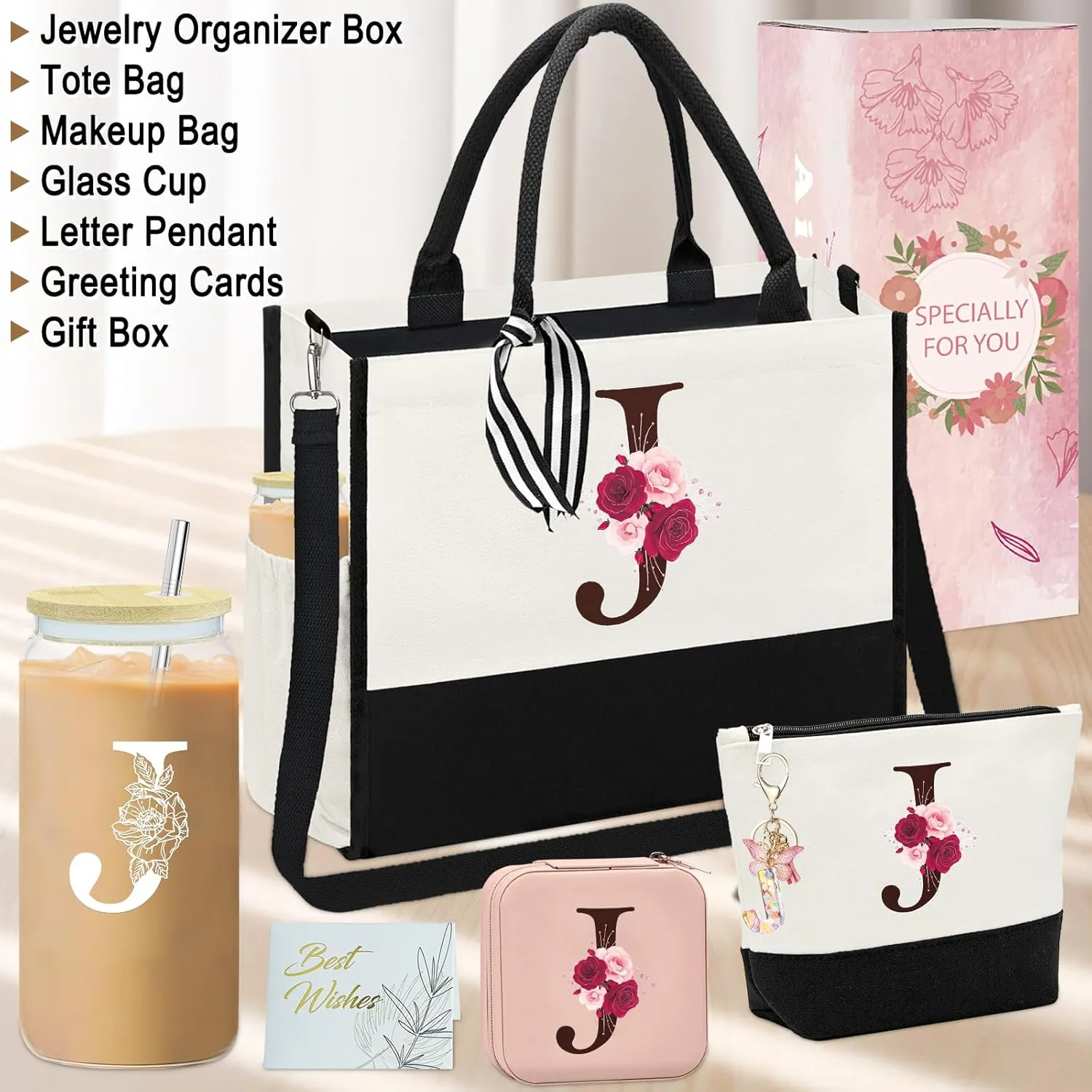 Birthday Gifts for Women - Initial Canvas Tote Bag, 16OZ Glass Cup, Makeup Bag With Zipper, Jewelry Organizer Box - Personalized Gifts for Mom-J