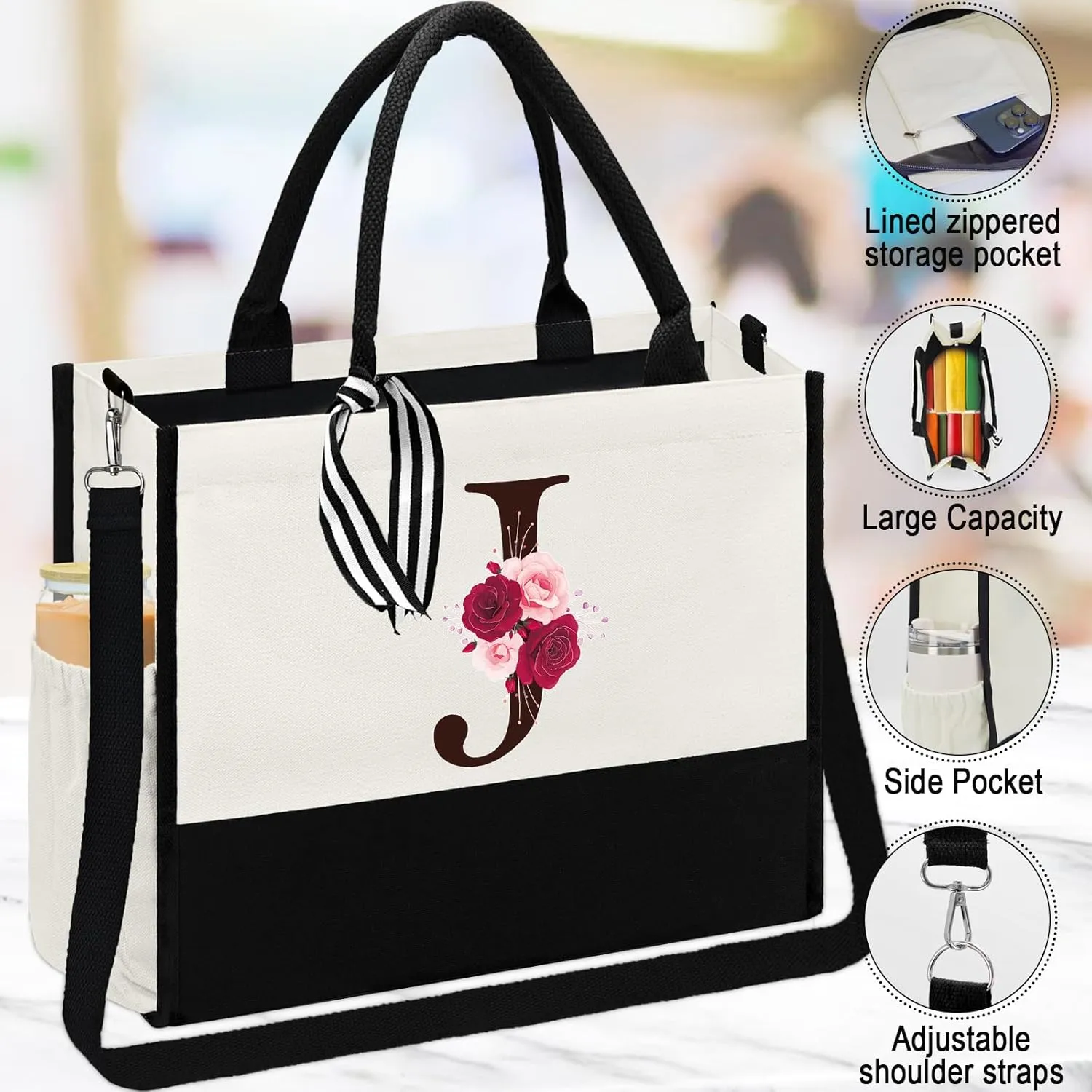 Birthday Gifts for Women - Initial Canvas Tote Bag, 16OZ Glass Cup, Makeup Bag With Zipper, Jewelry Organizer Box - Personalized Gifts for Mom-J