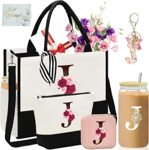Birthday Gifts for Women - Initial Canvas Tote Bag, 16OZ Glass Cup, Makeup Bag With Zipper, Jewelry Organizer Box - Personalized Gifts for Mom-J