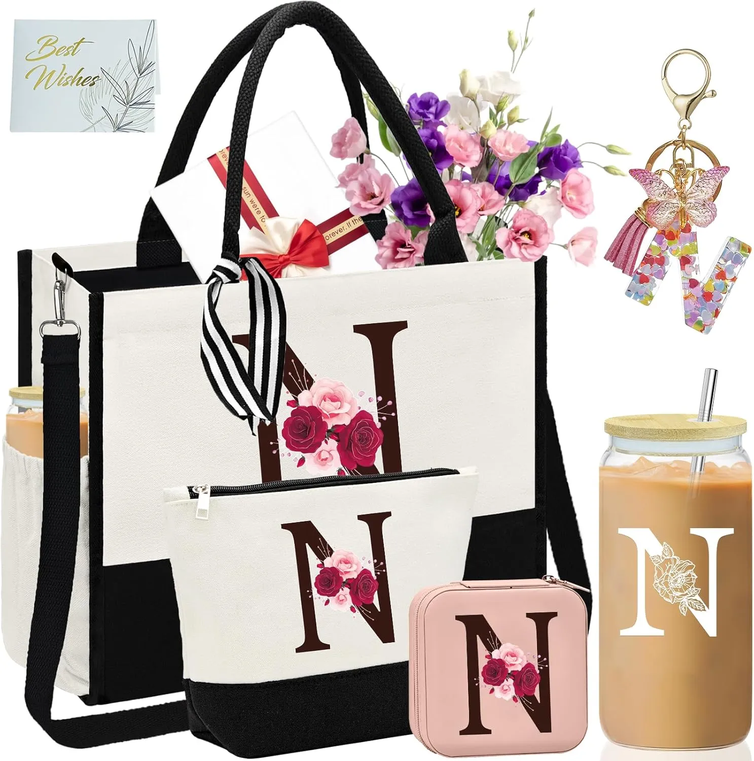 Birthday Gifts for Women,Initial Canvas Tote Bag,Initial Gift for Women,16oz Initial Glass Cup,Initial Makeup Bag with Zipper,Jewelry Organizer Box,Personalized Gifts for Mom-N