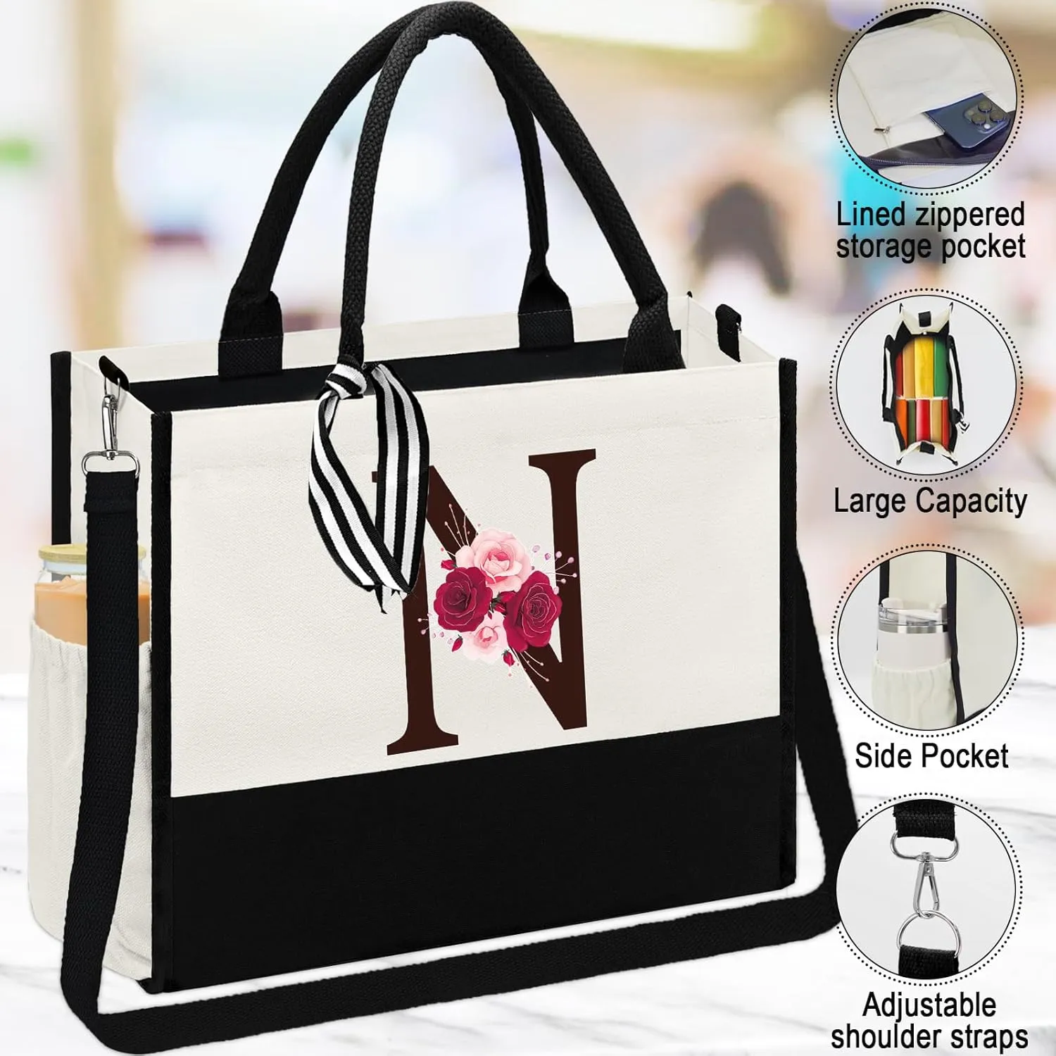 Birthday Gifts for Women,Initial Canvas Tote Bag,Initial Gift for Women,16oz Initial Glass Cup,Initial Makeup Bag with Zipper,Jewelry Organizer Box,Personalized Gifts for Mom-N
