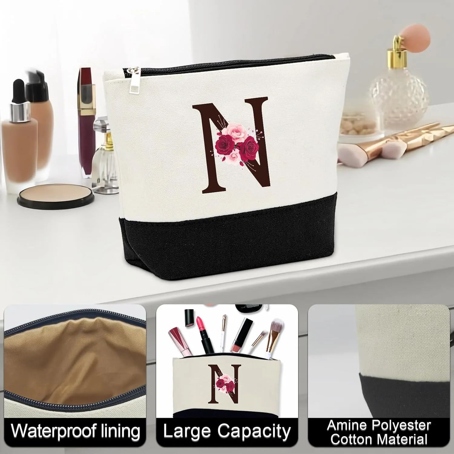 Birthday Gifts for Women,Initial Canvas Tote Bag,Initial Gift for Women,16oz Initial Glass Cup,Initial Makeup Bag with Zipper,Jewelry Organizer Box,Personalized Gifts for Mom-N