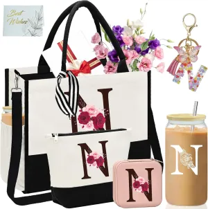 Birthday Gifts for Women,Initial Canvas Tote Bag,Initial Gift for Women,16oz Initial Glass Cup,Initial Makeup Bag with Zipper,Jewelry Organizer Box,Personalized Gifts for Mom-N