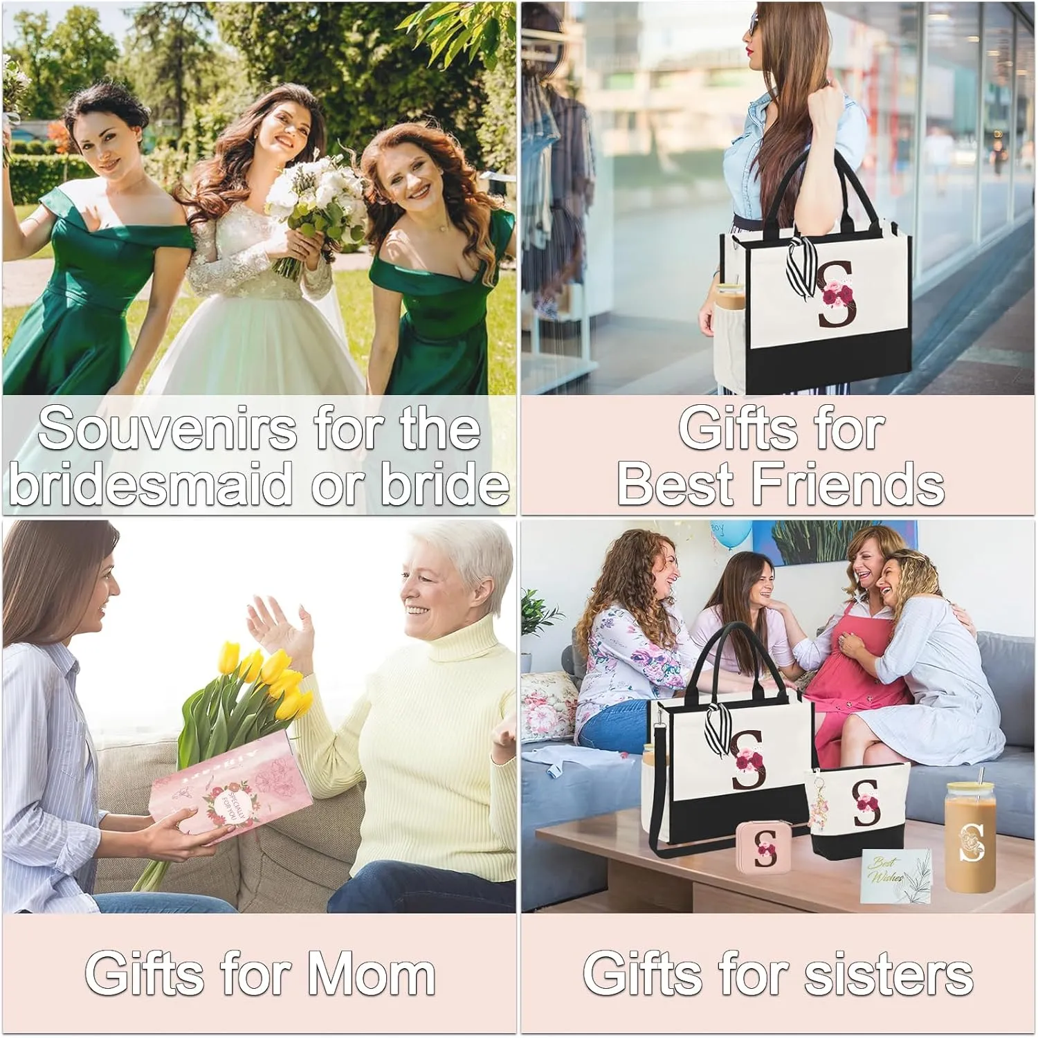 Birthday Gifts for Women,Initial Canvas Tote Bag,Initial Gift for Women,16oz Initial Glass Cup,Initial Makeup Bag with Zipper,Jewelry Organizer Box,Personalized Gifts for Mom-S