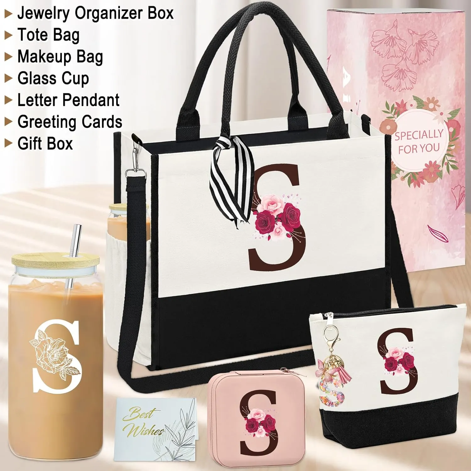 Birthday Gifts for Women,Initial Canvas Tote Bag,Initial Gift for Women,16oz Initial Glass Cup,Initial Makeup Bag with Zipper,Jewelry Organizer Box,Personalized Gifts for Mom-S
