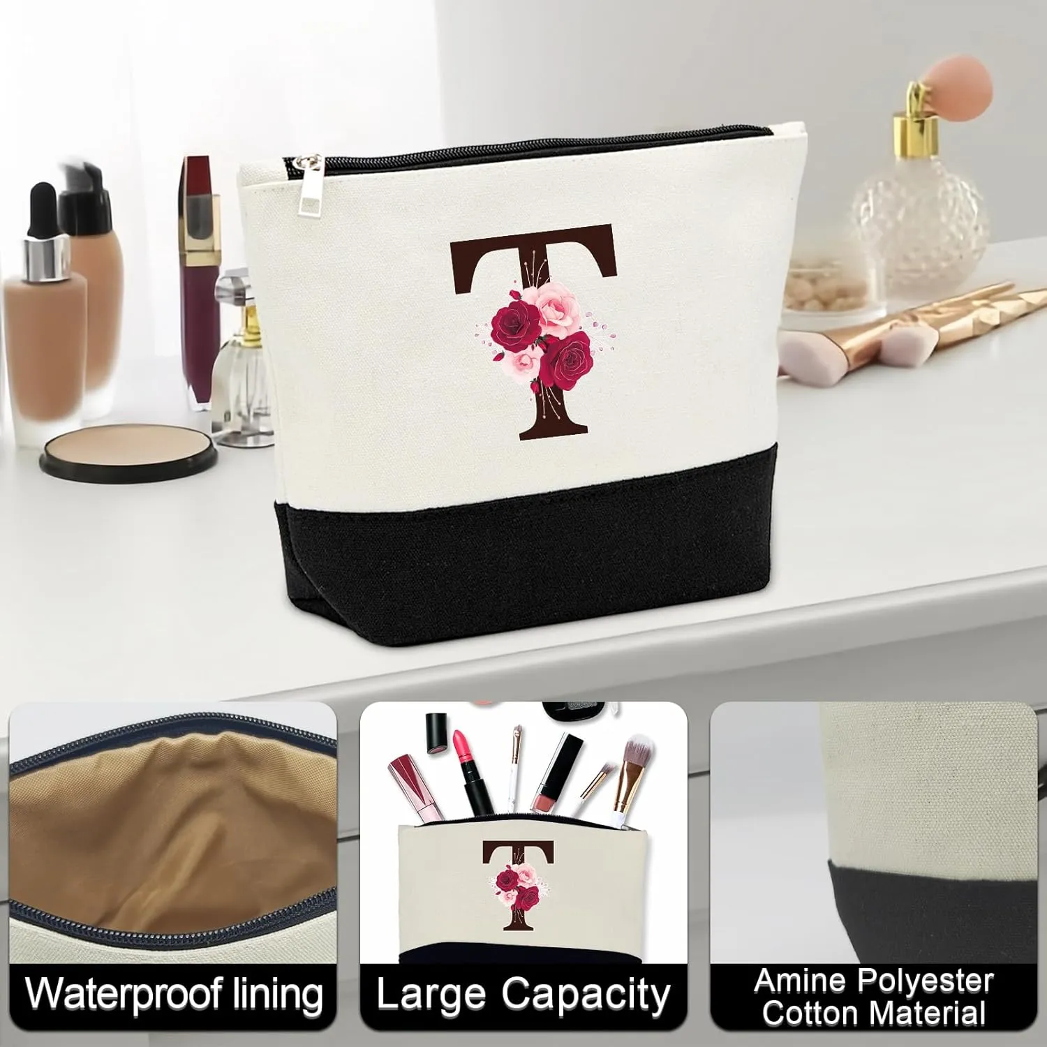 Birthday Gifts for Women,Initial Canvas Tote Bag,Initial Gift for Women,16oz Initial Glass Cup,Initial Makeup Bag with Zipper,Jewelry Organizer Box,Personalized Gifts for Mom-T