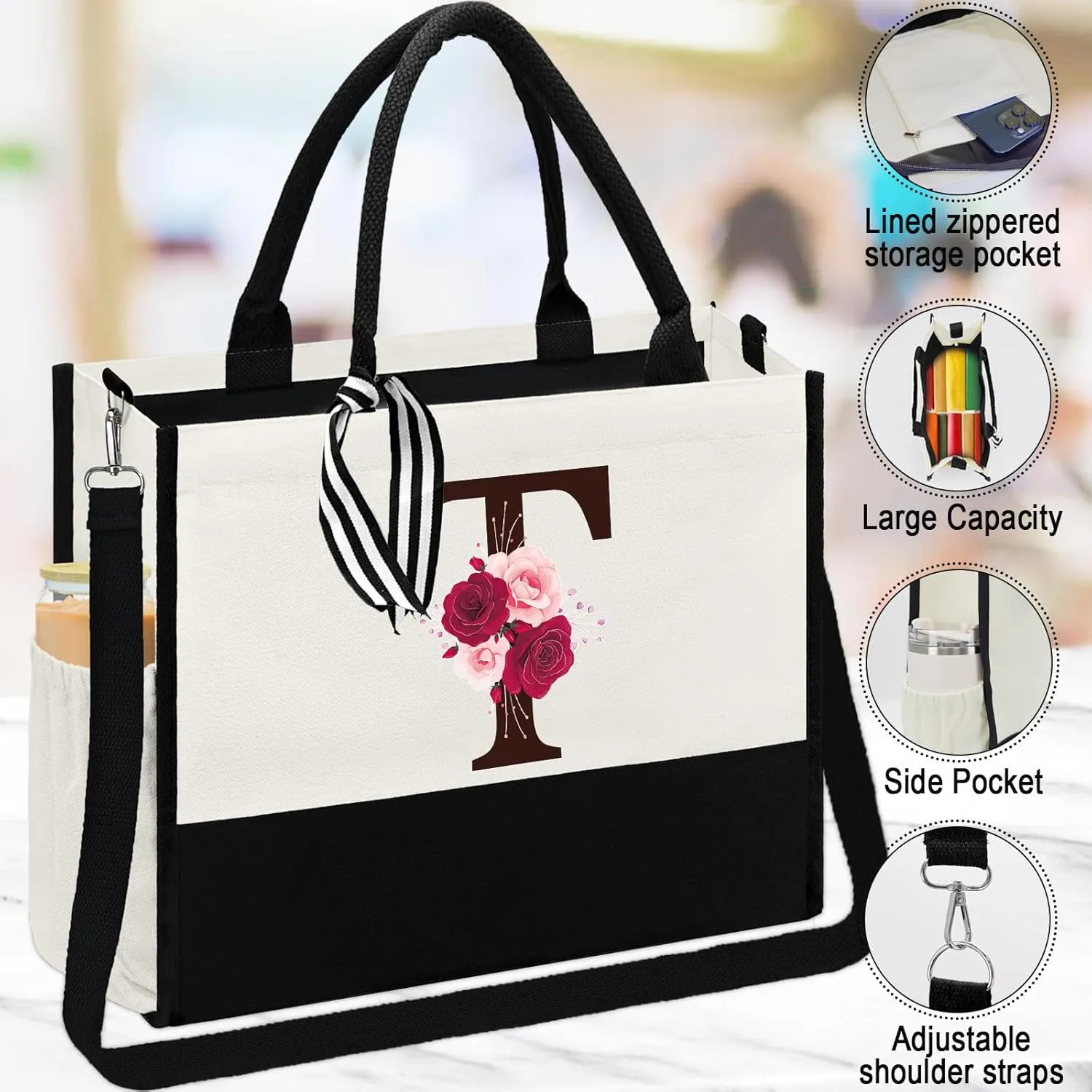 Birthday Gifts for Women,Initial Canvas Tote Bag,Initial Gift for Women,16oz Initial Glass Cup,Initial Makeup Bag with Zipper,Jewelry Organizer Box,Personalized Gifts for Mom-T