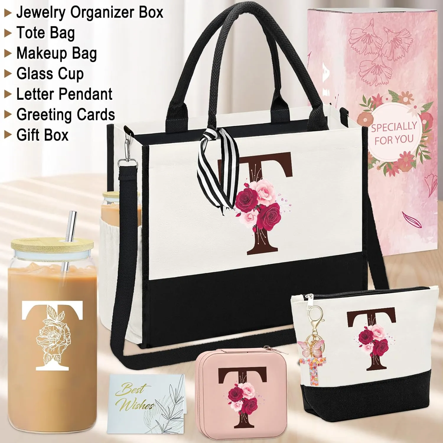 Birthday Gifts for Women,Initial Canvas Tote Bag,Initial Gift for Women,16oz Initial Glass Cup,Initial Makeup Bag with Zipper,Jewelry Organizer Box,Personalized Gifts for Mom-T