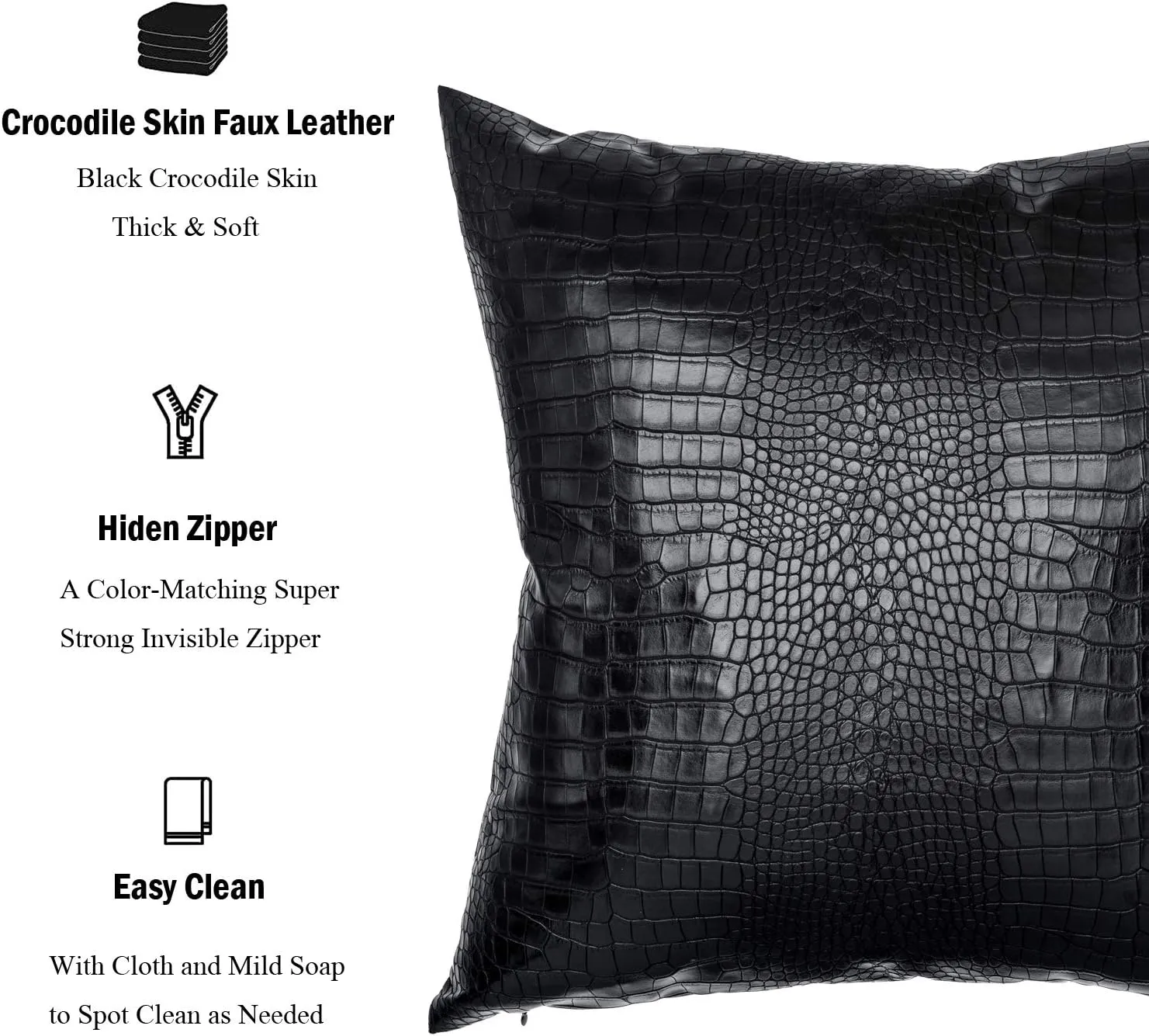 Black Crocodile Skin Thick Soft Faux Leather Pillow Cover, 18x18 Inches Crocodile Throw Pillow Case Farmhouse Decor Minimalist Accent Decorative Sofa Cushion Thick & Soft Covers