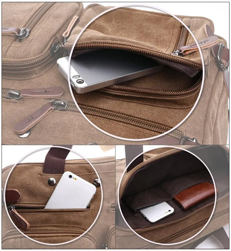 Black  Vintage Canvas Backpack With Brown Strap Design