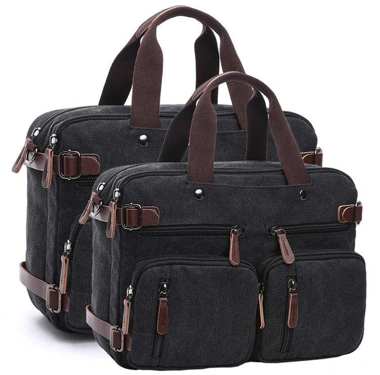 Black  Vintage Canvas Backpack With Brown Strap Design