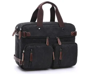 Black  Vintage Canvas Backpack With Brown Strap Design