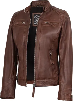 Blingsoul Leather Jacket Women - Quilted Cafe Racer Style Womens Leather Jackets