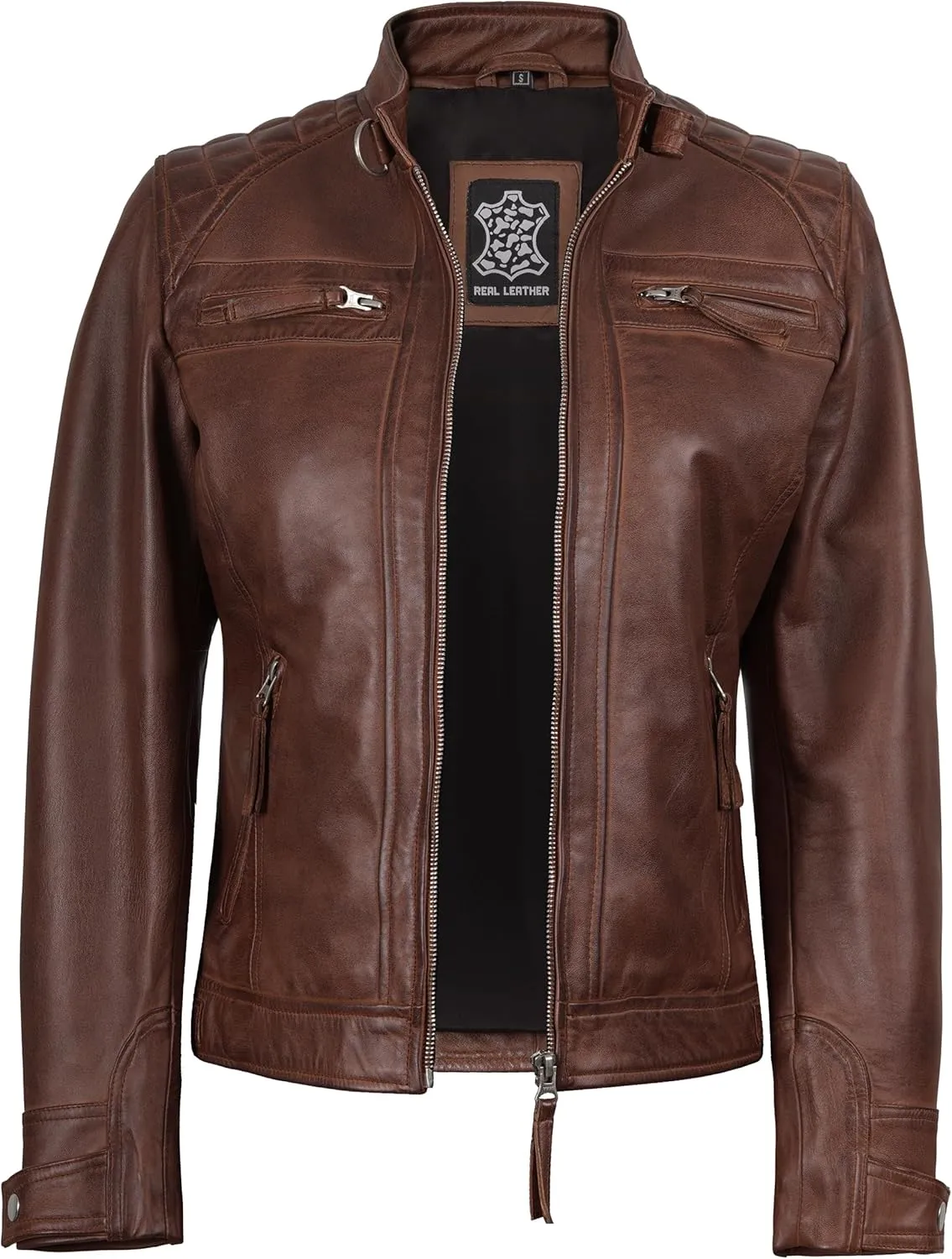 Blingsoul Leather Jacket Women - Quilted Cafe Racer Style Womens Leather Jackets