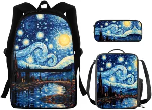 Blue Oil Painting Print White Horse Print Backpack with Lunch Box Kids Girls 6-11Y Multi-Functional School Bag Leakproof Insulated Lunch Bag and Pencil Case for Student Work