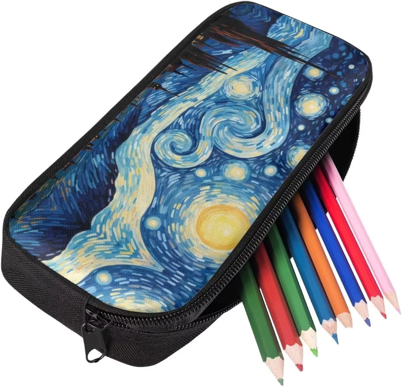 Blue Oil Painting Print White Horse Print Backpack with Lunch Box Kids Girls 6-11Y Multi-Functional School Bag Leakproof Insulated Lunch Bag and Pencil Case for Student Work