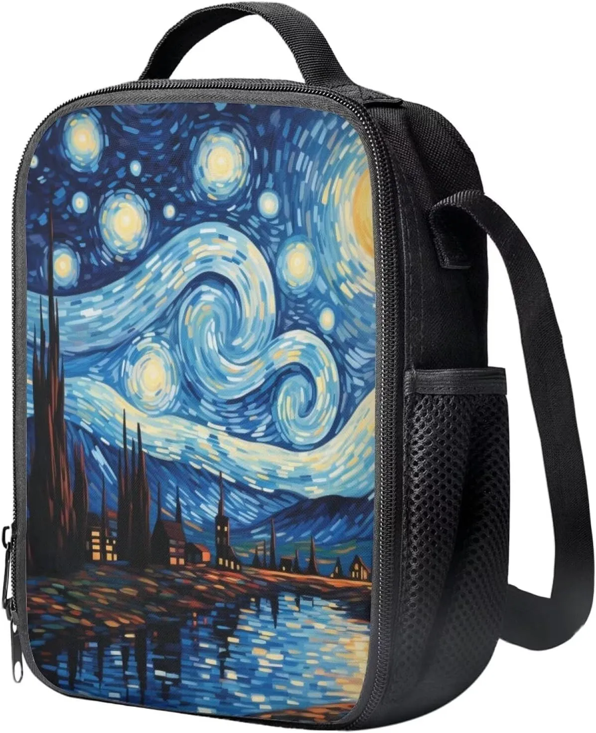 Blue Oil Painting Print White Horse Print Backpack with Lunch Box Kids Girls 6-11Y Multi-Functional School Bag Leakproof Insulated Lunch Bag and Pencil Case for Student Work