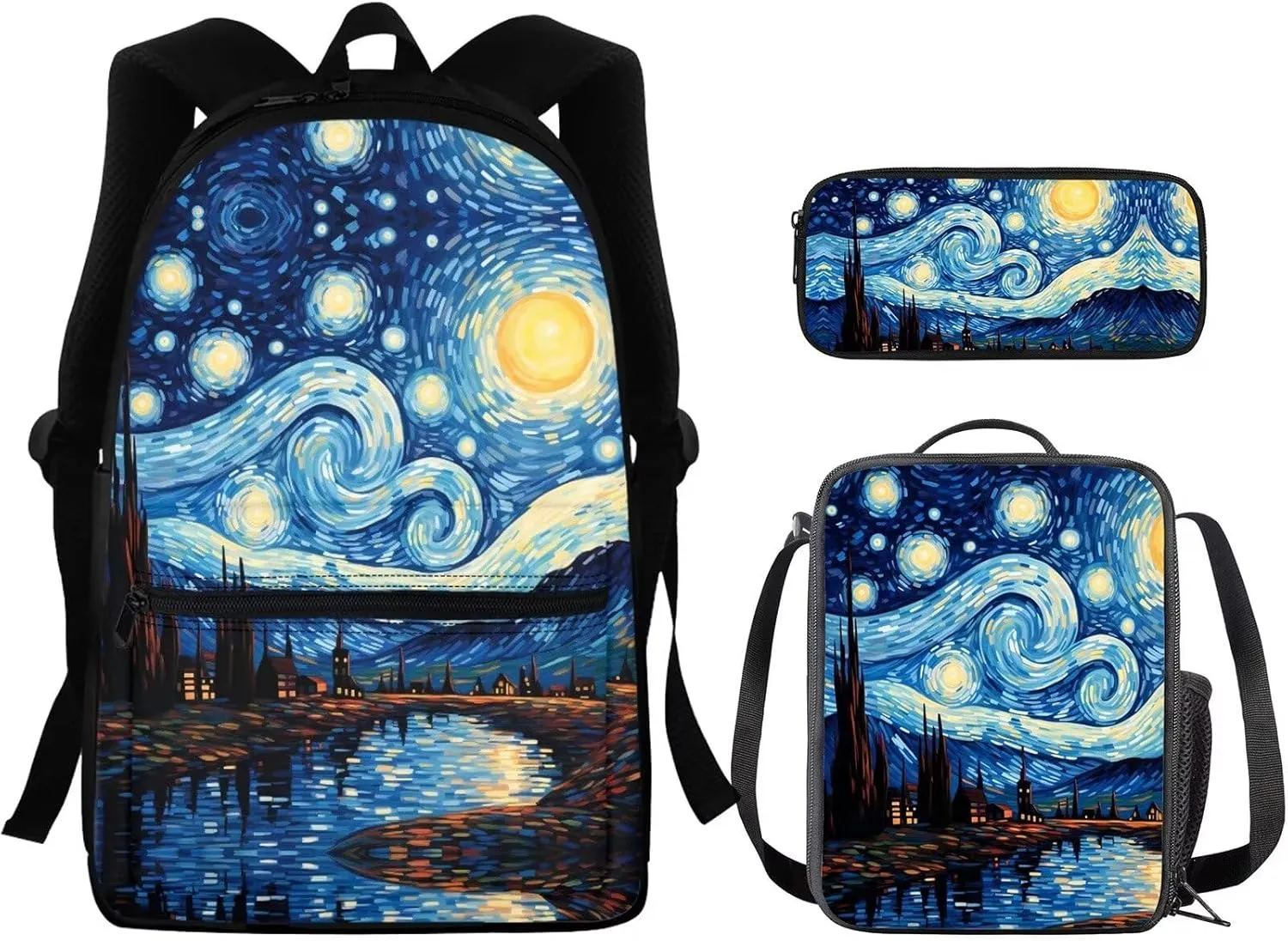 Blue Oil Painting Print White Horse Print Backpack with Lunch Box Kids Girls 6-11Y Multi-Functional School Bag Leakproof Insulated Lunch Bag and Pencil Case for Student Work