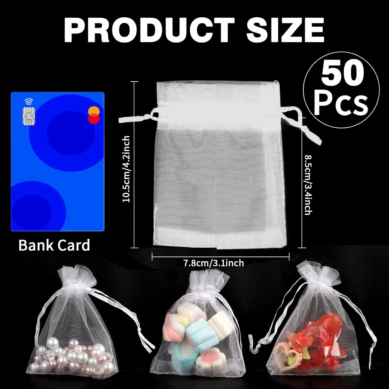 BOEIAC Organza Bags, White Organza Bags, 50Pcs, Sheer Organza Bags 3 x 4 inch, Jewelry Gift Bags, Party Favor Bags with Drawstring, Mesh Gift Pouches Mini Candy Bags for Wedding Christmas Party