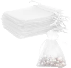 BOEIAC Organza Bags, White Organza Bags, 50Pcs, Sheer Organza Bags 3 x 4 inch, Jewelry Gift Bags, Party Favor Bags with Drawstring, Mesh Gift Pouches Mini Candy Bags for Wedding Christmas Party