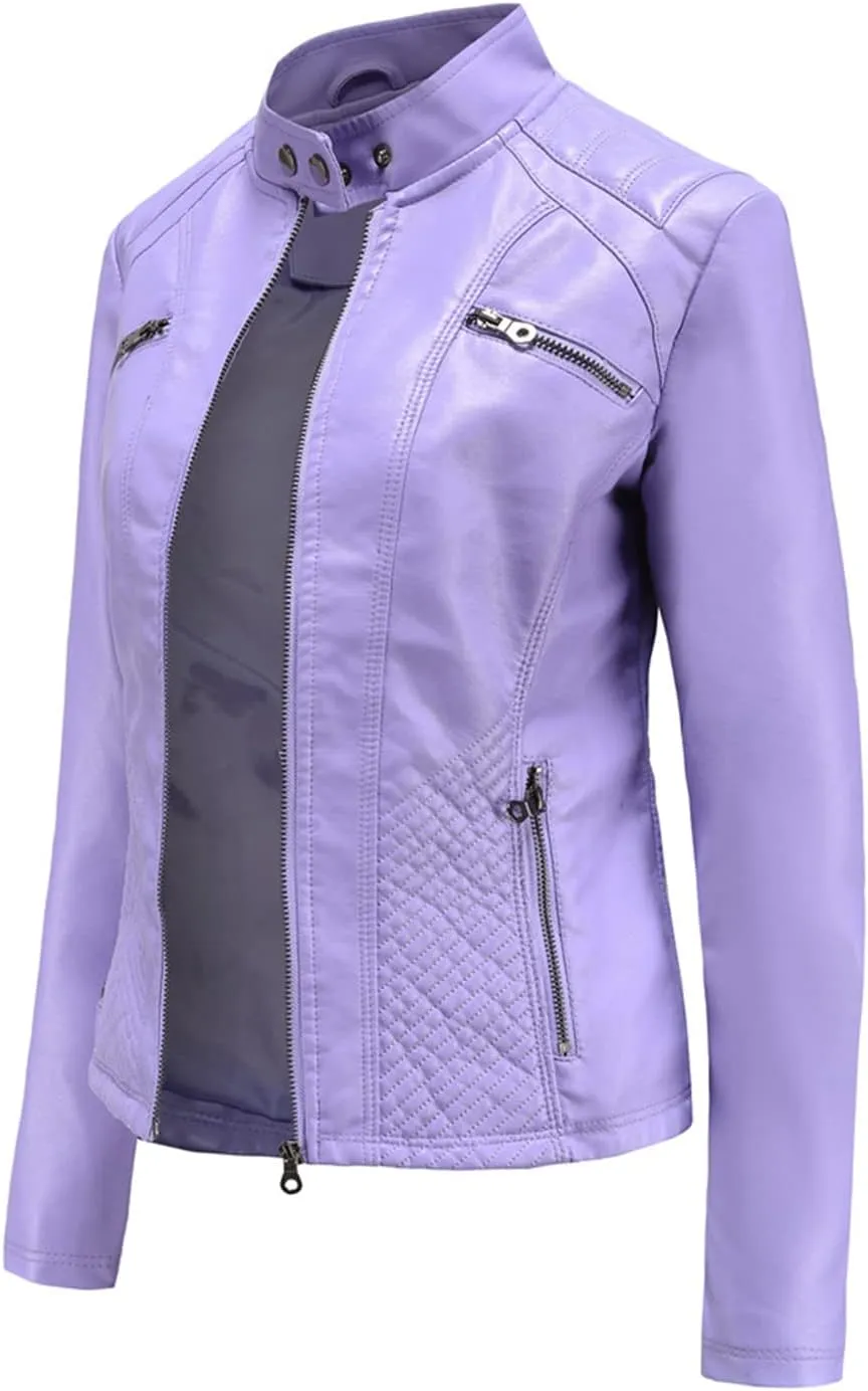 BOFETA Womens Faux Leather Long Sleeve Jackets Quilted Moto Outwear Slim Lapel Coats